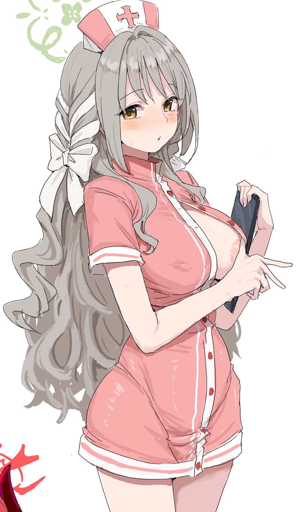 clearite, miyo (blue archive), blue archive, character request, highres, 1girl, areola slip, breasts, brown hair, covered erect nipples, grey hair, hair ribbon, halo, hat, holding, holding tablet pc, large breasts, long hair, long sidelocks, looking at viewer, nurse, nurse cap, open mouth, partially undressed, ribbon, sidelocks, tablet pc, thighs, very long hair, wavy hair, white background, yellow eyes