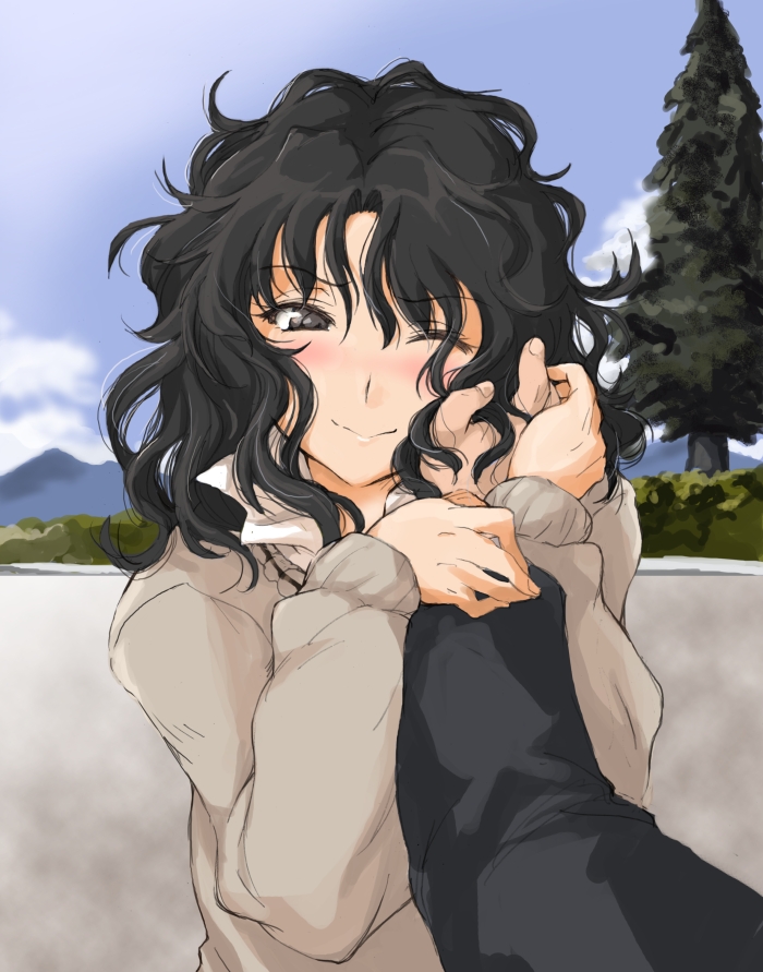 matsukura nemu, tanamachi kaoru, amagami, bad id, bad pixiv id, 1girl, black eyes, black hair, blush, curly hair, happy, holding hands, messy hair, one eye closed, school uniform, short hair, smile, solo focus, sweater, wavy hair, wink