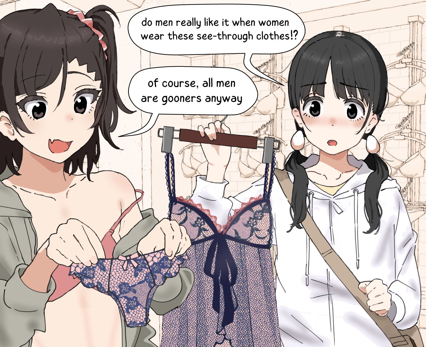 aiu404l, egg (aiu404l), original, highres, 1boy, 1girl, bag, black eyes, black hair, blush, bra, brown eyes, brown hair, clothes hanger, clothes shop, crossdressing, crossdressing (mtf), dot nose, egg hair ornament, english text, fang, food-themed hair ornament, grey skirt, hair ornament, hair scrunchie, ham (aiu404l), holding, holding clothes hanger, holding panties, holding underwear, holding unworn clothes, hood, hoodie, lace trim, lingerie, long hair, long sleeves, negligee, off shoulder, open clothes, open mouth, open shirt, panties, pink bra, pink scrunchie, scrunchie, shoulder bag, side ponytail, single bare shoulder, skin fang, skirt, speech bubble, strap slip, trap, underwear, upper body, white hoodie