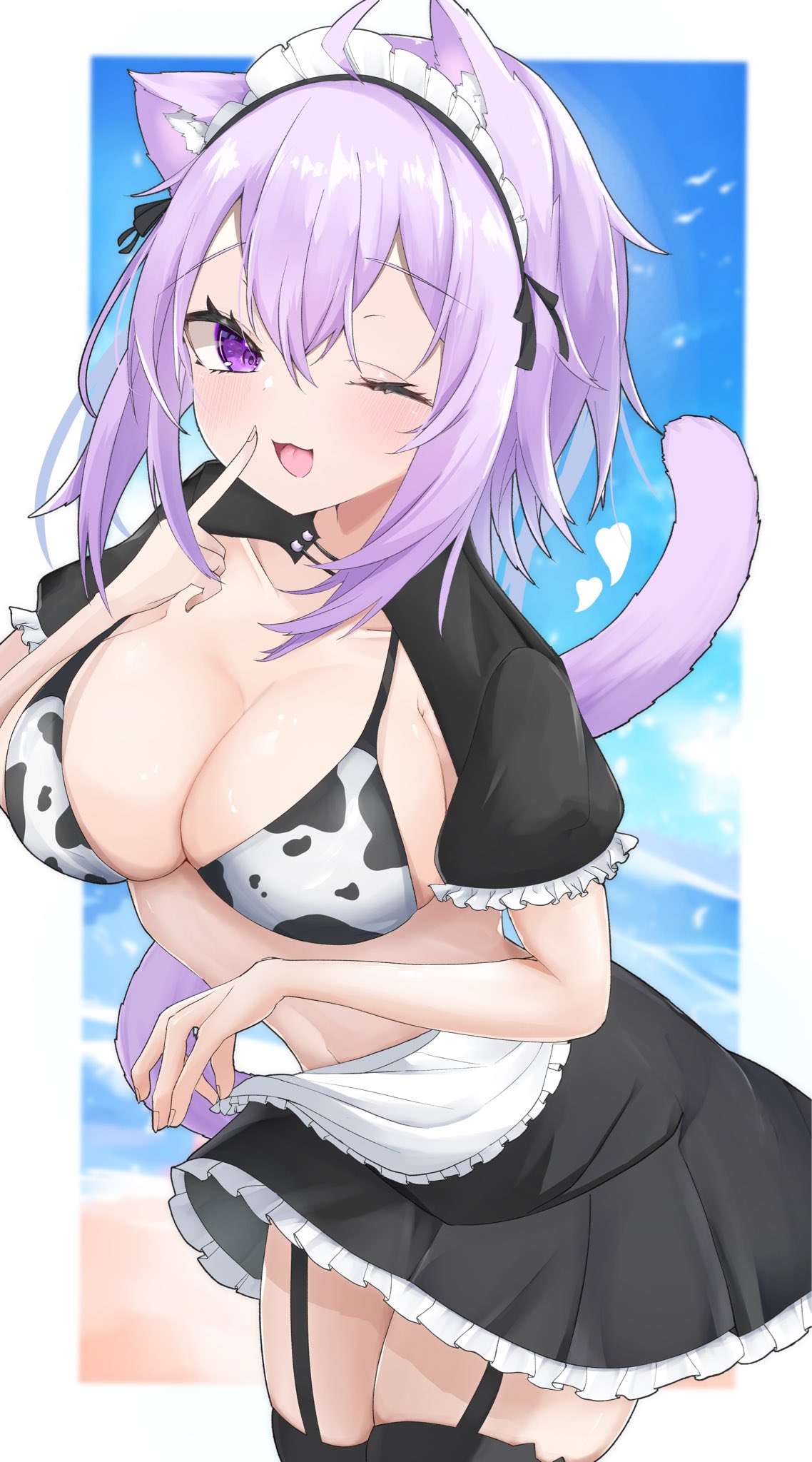 yuren horun, nekomata okayu, hololive, highres, 1girl, ahoge, alternate costume, animal ear fluff, animal ears, animal print, apron, beach, bikini, black skirt, blue sky, border, breasts, cat ears, cat girl, cat tail, cleavage, cloud, cow print, cow print bikini, large breasts, maid apron, maid headdress, medium hair, one eye closed, outdoors, print bikini, purple eyes, purple hair, sand, skirt, sky, smile, solo, swimsuit, tail, virtual youtuber, water, white apron, white border, white headdress