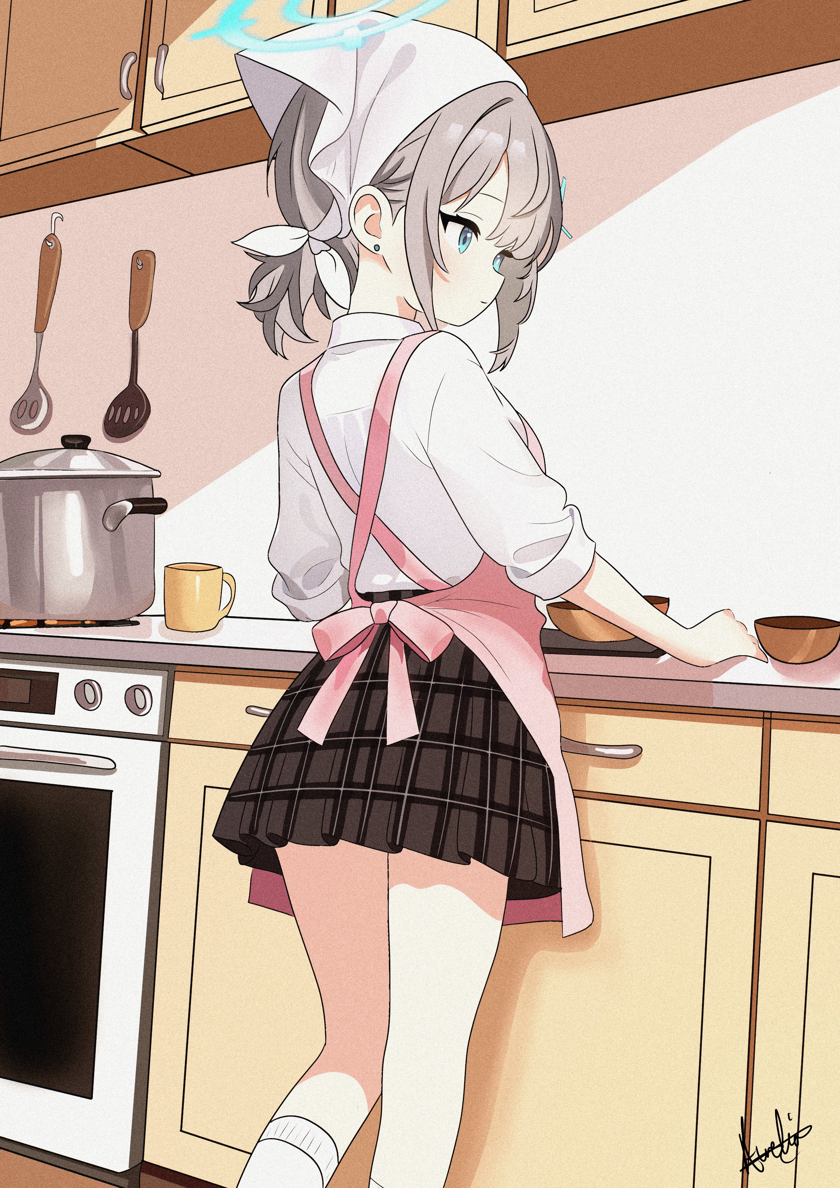 aurelia88, shiroko (blue archive), blue archive, absurdres, commentary, english commentary, highres, 1girl, adapted costume, apron, back bow, black skirt, blue eyes, blue halo, bow, bright pupils, closed mouth, collared shirt, cross hair ornament, earrings, feet out of frame, film grain, from behind, grey hair, hair between eyes, hair ornament, halo, headscarf, indoors, jewelry, kitchen, long sleeves, looking to the side, low ponytail, medium hair, miniskirt, mismatched pupils, pink apron, pink bow, plaid clothes, plaid skirt, pleated skirt, ponytail, school uniform, shirt, short ponytail, sidelocks, signature, skirt, sleeves rolled up, smile, solo, standing, stud earrings, white headscarf, white pupils, white shirt