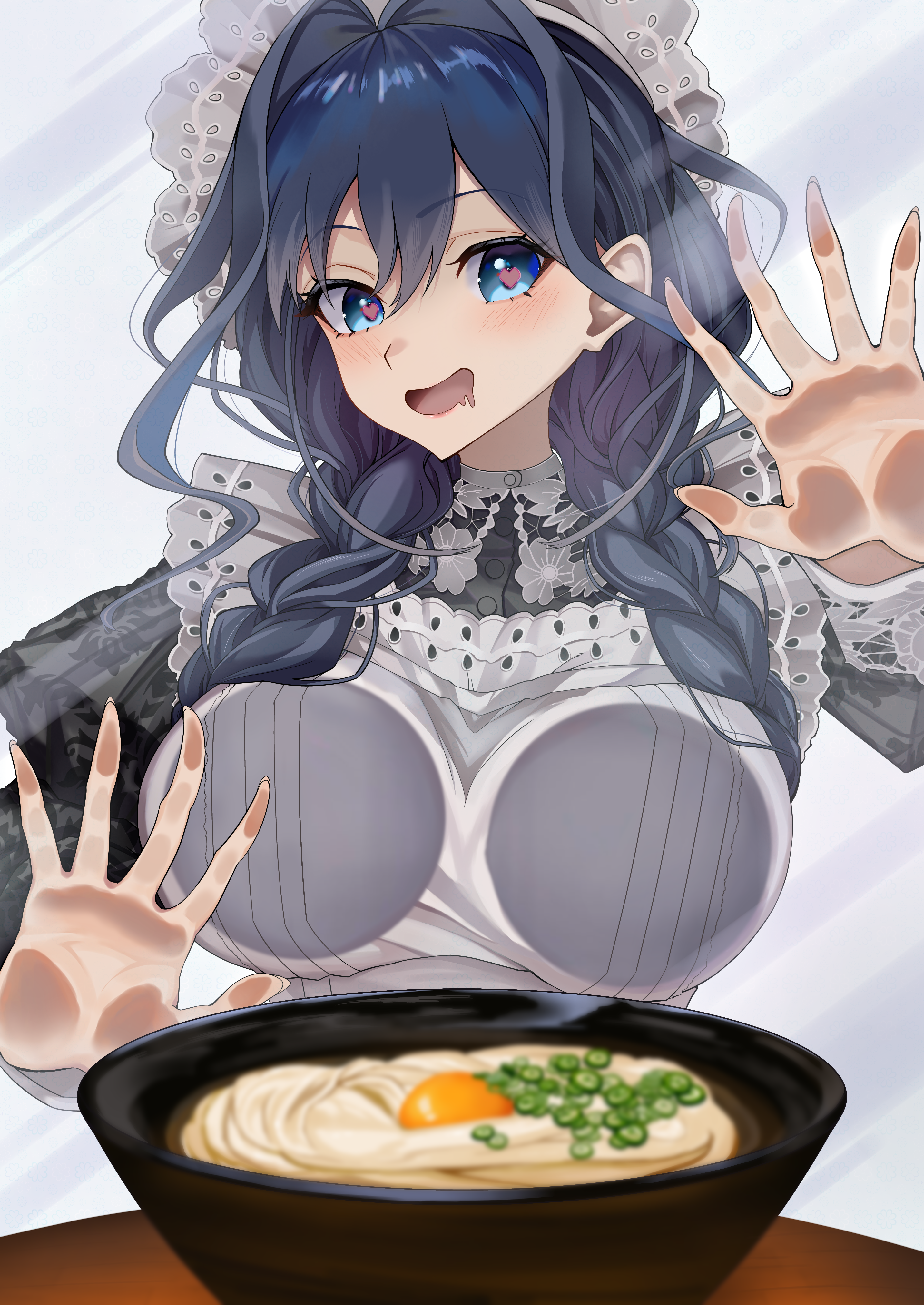 na nu 017, ouro kronii, ouro kronii (maid), hololive, hololive english, absurdres, highres, 1girl, against glass, apron, black dress, blue eyes, blue hair, braid, breasts, dress, drooling, heart, heart-shaped pupils, large breasts, looking at viewer, medium hair, mouth drool, official alternate costume, open mouth, smile, solo, symbol-shaped pupils, twin braids, virtual youtuber, white apron