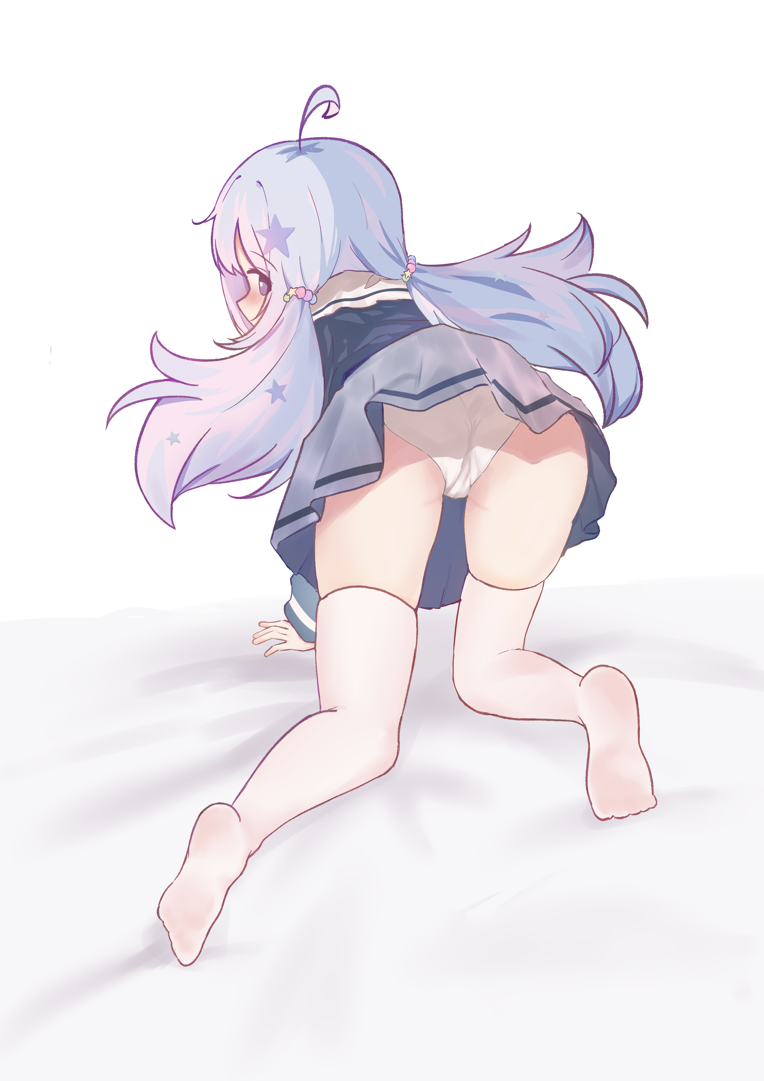 ichibanboshi yuzu, reisa (blue archive), blue archive, absurdres, commentary, highres, 1girl, ahoge, all fours, blue hair, blush, from behind, grey skirt, hair ornament, jacket, long hair, long sleeves, looking back, multicolored hair, no halo, panties, pink bag, pink hair, pleated skirt, purple eyes, school uniform, serafuku, skindentation, skirt, solo, star (symbol), star hair ornament, thighhighs, twintails, two-tone hair, underwear, white panties, white thighhighs