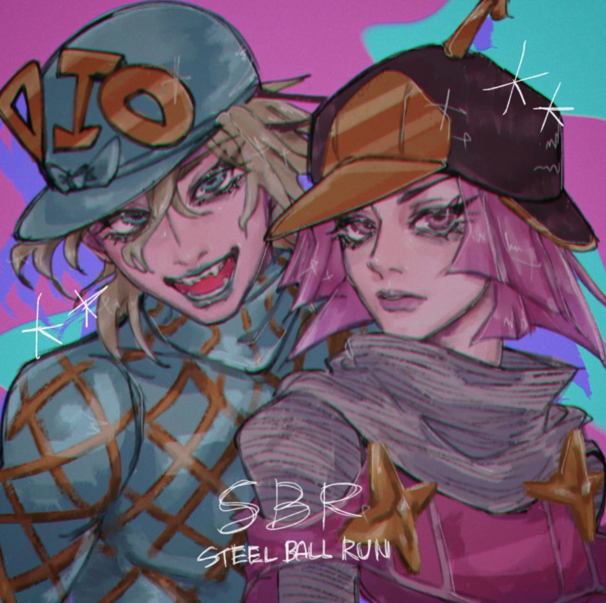 diego brando, hot pants (sbr), jojo no kimyou na bouken, steel ball run, commentary request, highres, 1boy, 1girl, argyle clothes, argyle sweater, black hat, blonde hair, blue bow, blue eyes, blue helmet, blue lips, bow, capelet, closed mouth, clothing cutout, english text, fangs, flower ornament, gold flower, grey shirt, hair between eyes, hat, hat bow, helmet, looking at viewer, medium hair, nokoa 36, open mouth, pink capelet, pink eyes, pink hair, pink lips, sharp teeth, shirt, shoulder cutout, smile, sweater, teeth, turtleneck, turtleneck sweater