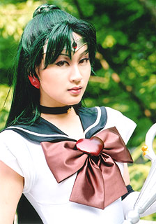 meiou setsuna, sailor pluto, bishoujo senshi sailor moon, lowres, photo (medium), asian, choker, cosplay, green hair, long hair, school uniform, serafuku