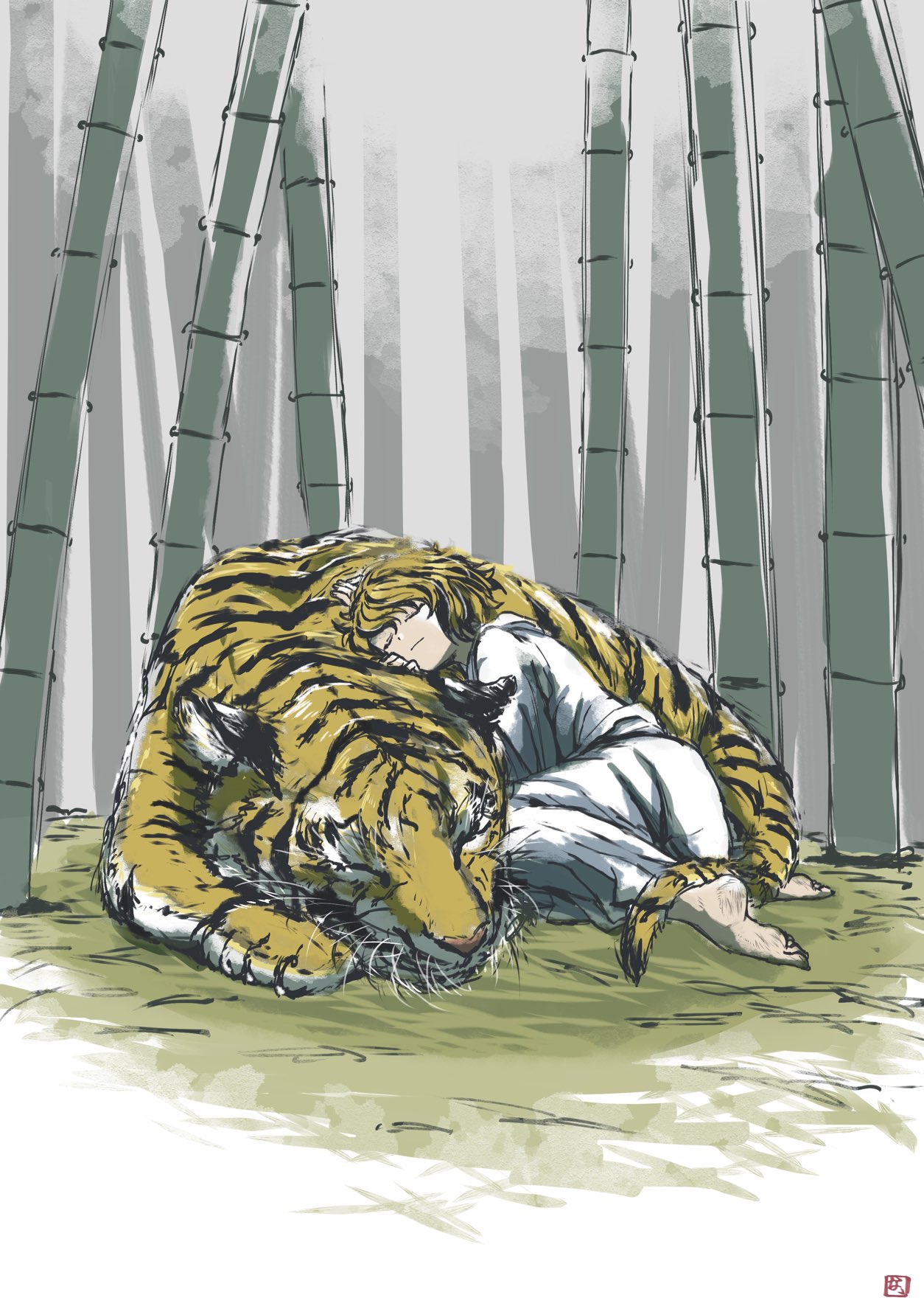 929mura, toramaru shou, touhou, undefined fantastic object, highres, 1girl, bamboo, bamboo forest, barefoot, cuddling animal, forest, full body, lying on animal, multicolored hair, nature, on ground, pants, robe, short hair, sleeping, sleeping animal, streaked hair, tiger, white pants, white robe