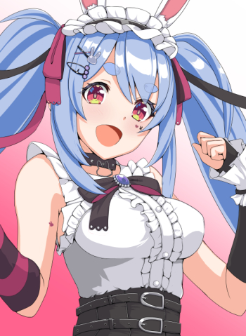 shachikunoosamu, usada pekora, usada pekora (11th costume), hololive, lowres, 1girl, animal ears, blue hair, carrot hair ornament, food-themed hair ornament, hair ornament, hairpin, looking at viewer, official alternate costume, orange eyes, rabbit ears, rabbit girl, shirt, short eyebrows, sleeveless, sleeveless shirt, smile, solo, twintails, virtual youtuber, white shirt, white wrist cuffs, wrist cuffs, x hair ornament