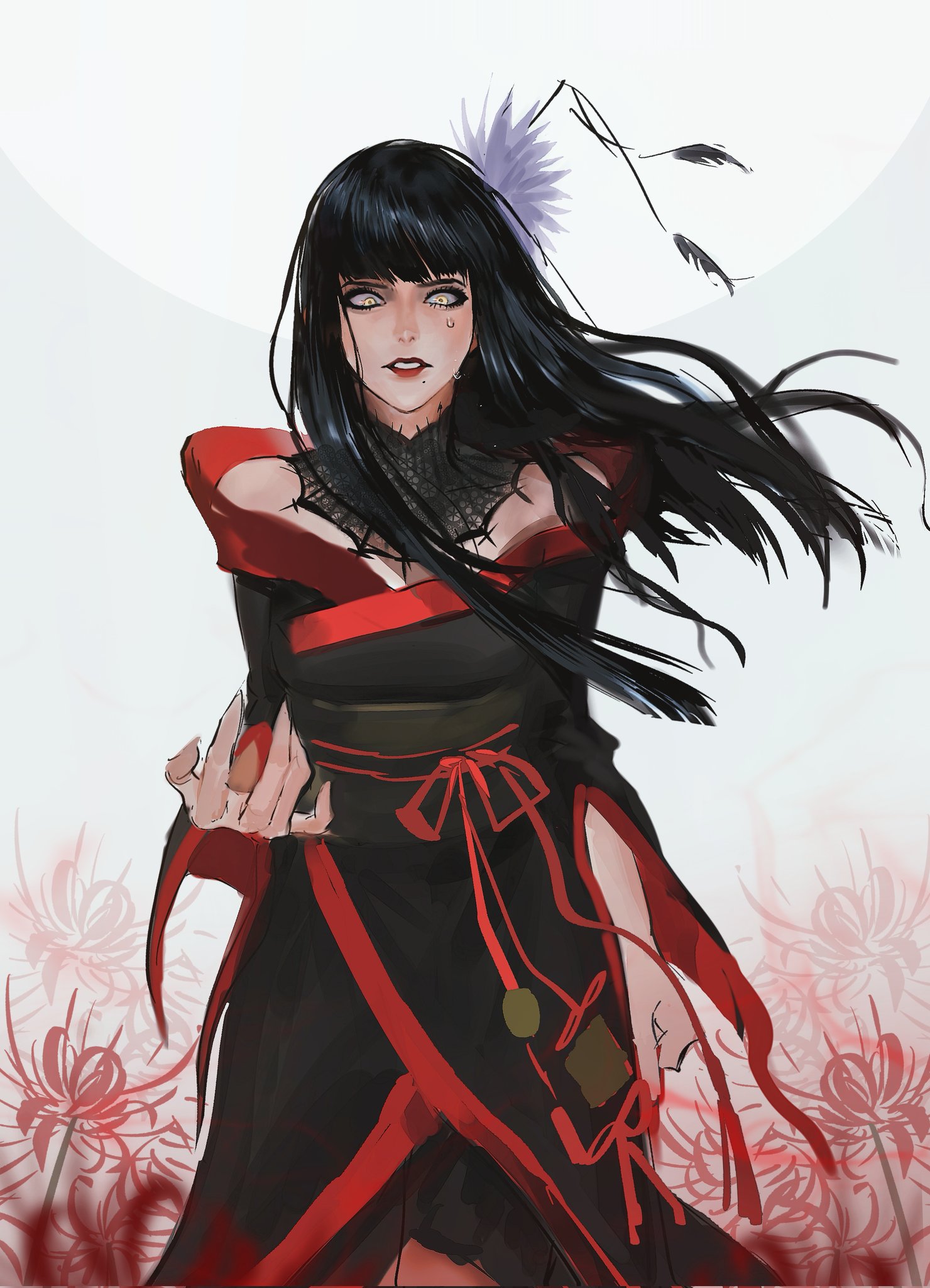 poisonfire666, yotsuyu goe brutus, final fantasy, final fantasy xiv, highres, 1girl, black collar, black eyeshadow, black hair, black kimono, collar, cowboy shot, eyeshadow, flower, hair flower, hair ornament, hyur, japanese clothes, kimono, lace collar, long hair, makeup, mole, mole under mouth, parted lips, red flower, red trim, sanpaku, solo, spider lily, standing, white background, yellow eyes