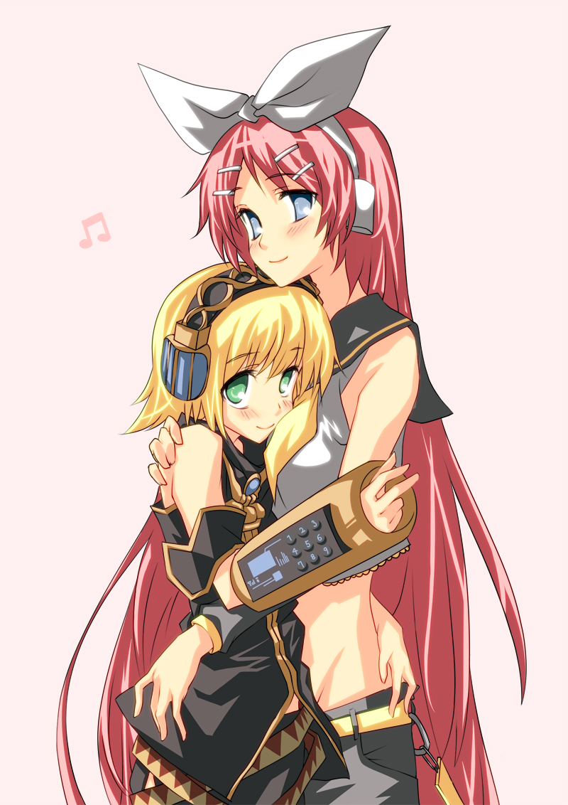 pino (birthdayparty), pino (pixiv), kagamine rin, megurine luka, vocaloid, alternate hairstyle, blonde hair, blue eyes, blush, cosplay, costume switch, detached sleeves, green eyes, hair ornament, hairclip, headphones, kagamine rin (cosplay), long hair, megurine luka (cosplay), midriff, pink hair, ribbon, short hair, shorts, skirt, very long hair