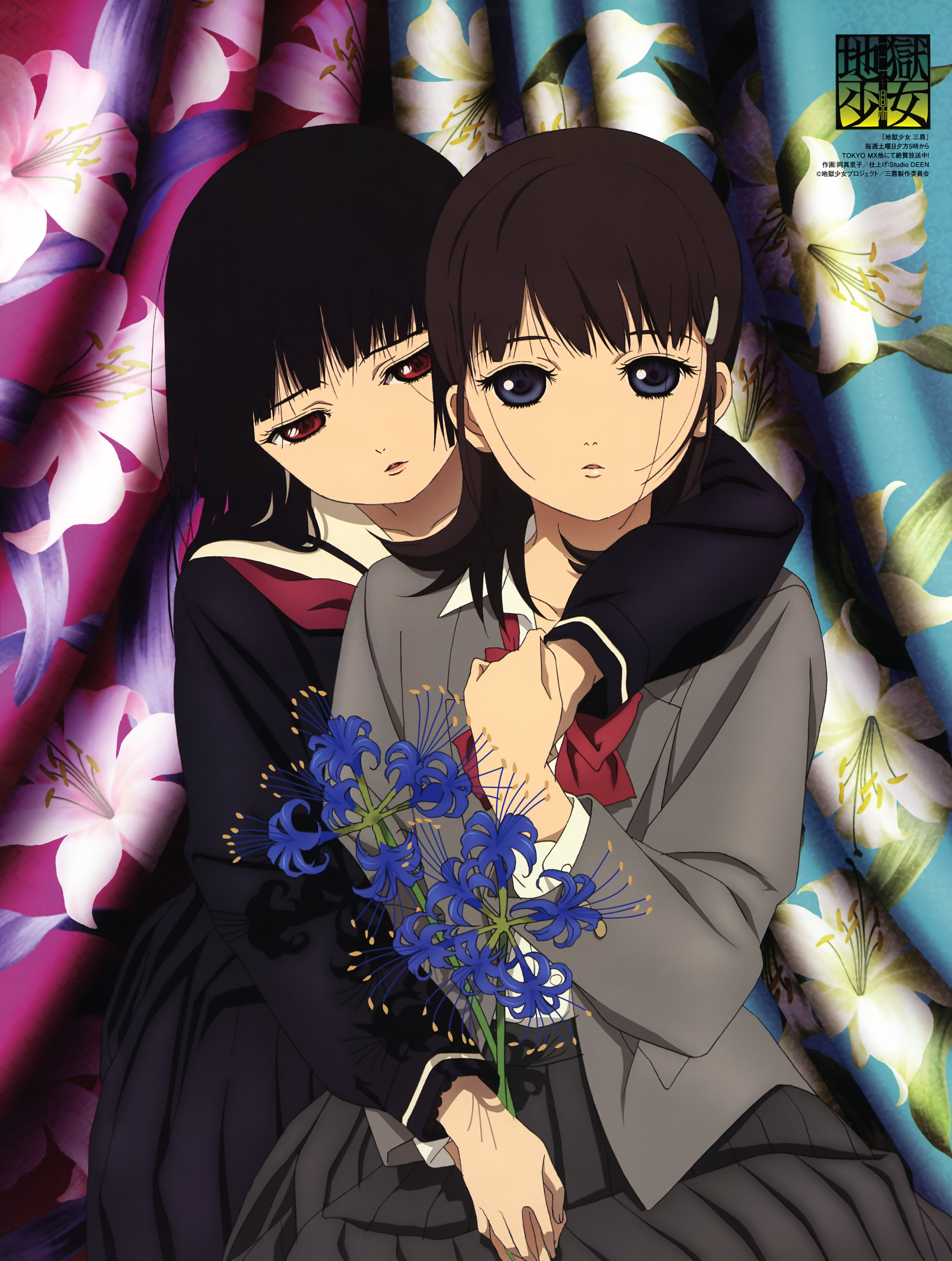 oka mariko, enma ai, mikage yuzuki, jigoku shoujo, absurdres, highres, official art, scan, 00s, 2girls, black hair, black serafuku, blazer, blue eyes, blue flower, blue spider lily, blunt bangs, bow, bowtie, brown hair, copyright name, floral print, flower, hair ornament, hairclip, half-closed eyes, hime cut, holding, holding flower, holding hands, hug, hug from behind, jacket, lily (flower), lily print, long sleeves, looking at viewer, multiple girls, parted lips, pleated skirt, red bow, red bowtie, red eyes, red flower, school uniform, serafuku, skirt, spider lily