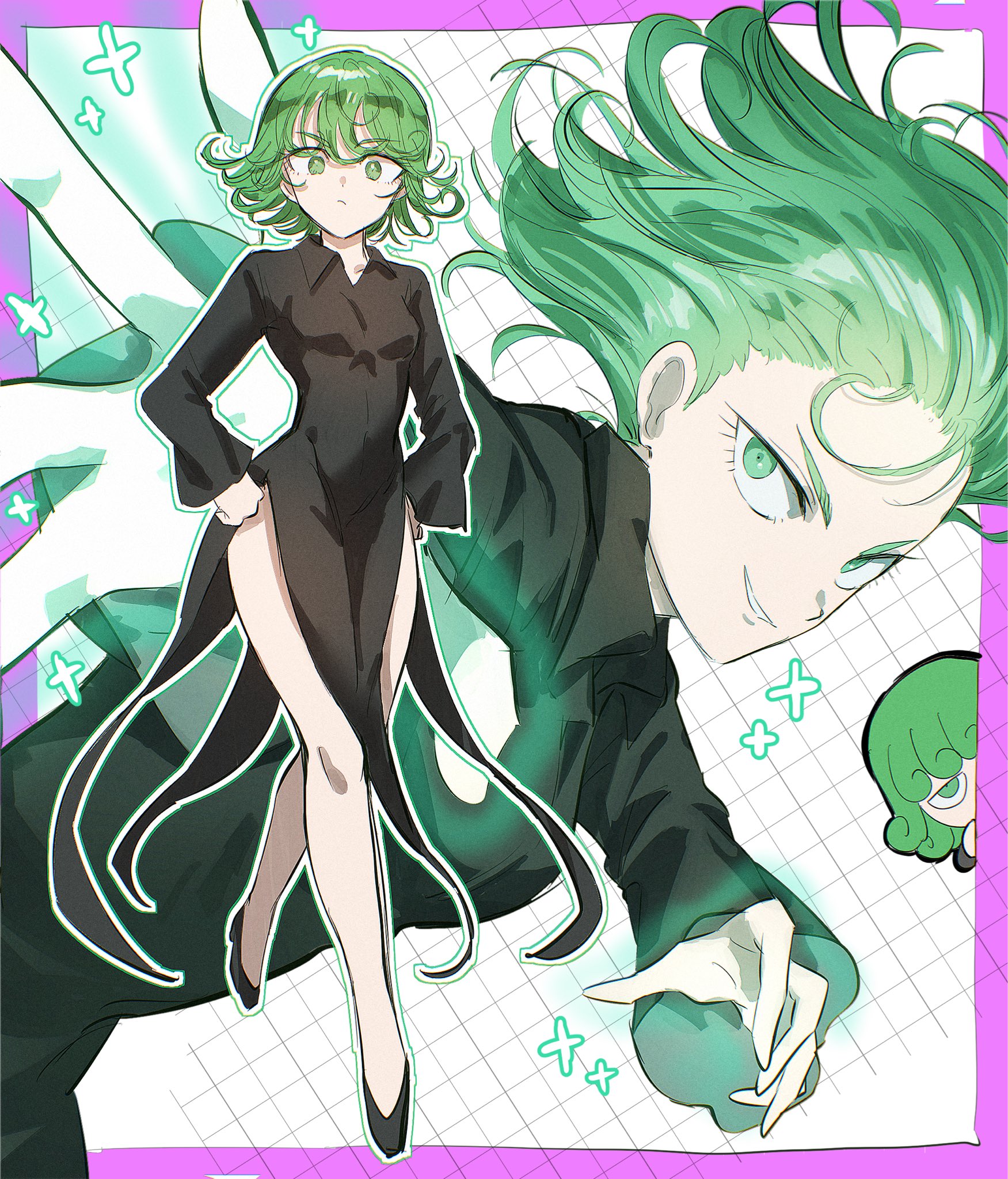 mono (lovenedesiko), tatsumaki, one-punch man, commentary request, highres, 1girl, bare legs, black dress, black shoes, border, breasts, closed mouth, collared dress, curly hair, dress, full body, green eyes, green hair, hands on own hips, long sleeves, looking at viewer, multiple views, outside border, parted lips, purple border, shoes, short hair, side slit, small breasts, sparkle, upper body