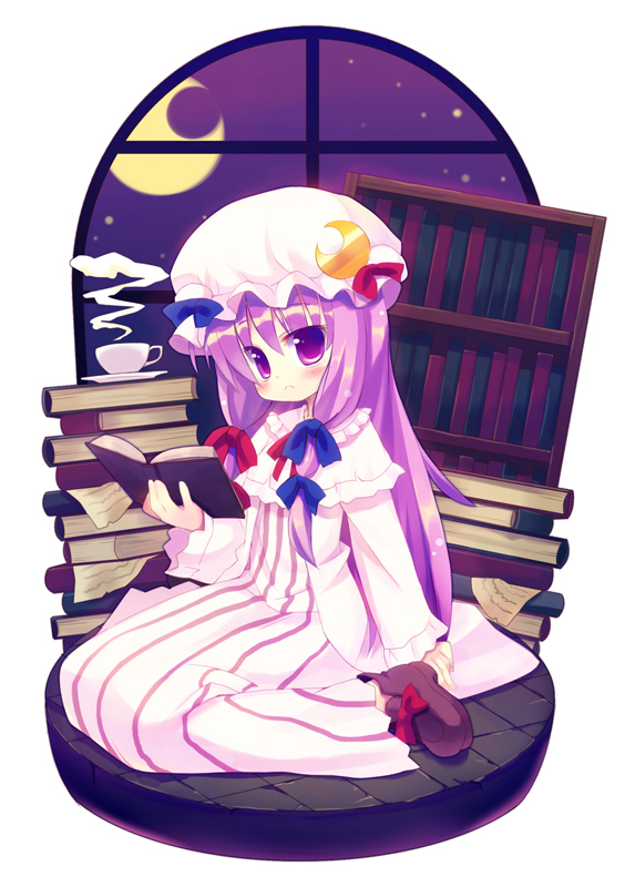 meito (maze), patchouli knowledge, touhou, 1girl, book, female focus, full body, hat, indoors, long hair, purple eyes, purple hair, sky, solo, tea