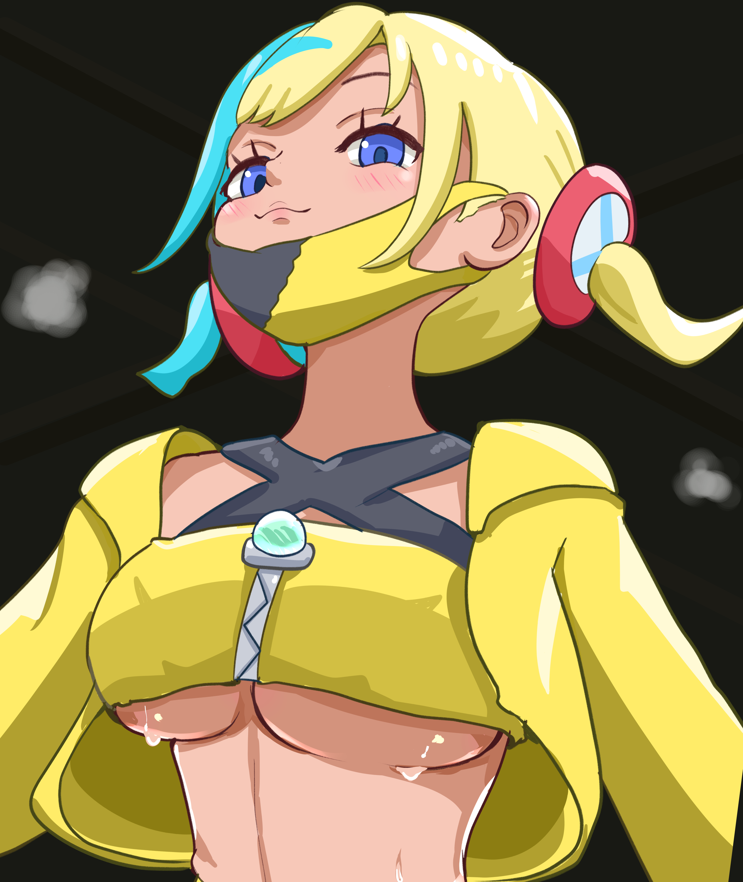canari (pokemon), nintendo, pokemon, pokemon legends: z-a, absurdres, highres, 1girl, alternate breast size (larger), aqua hair, bandeau, black mask, blonde hair, breasts, ceiling, center-flap bangs, criss-cross halter, crop top, cropped jacket, curly sidelocks, dark room, fake hair bun, halterneck, jacket, large breasts, mask, mask pull, mega ring, mega stone, midriff, mouth mask, multicolored hair, short twintails, smug, split-color hair, sweat, twintails, two-tone hair, two-tone mask, underboob, upper body, user rsca4435, yellow bandeau, yellow jacket, yellow mask, zipper