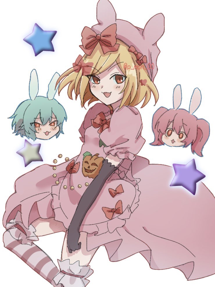 chiester410, chiester45, lambdadelta, umineko no naku koro ni, commentary, symbol-only commentary, 3girls, animal ears, aqua hair, artist name, black gloves, bow, dress, elbow gloves, gloves, hat, multiple girls, open mouth, p mon 00, pink dress, pink hair, pink hat, puffy short sleeves, puffy sleeves, rabbit ears, red bow, red eyes, short sleeves, simple background, smile, standing, star (symbol), twintails, twitter username, white background