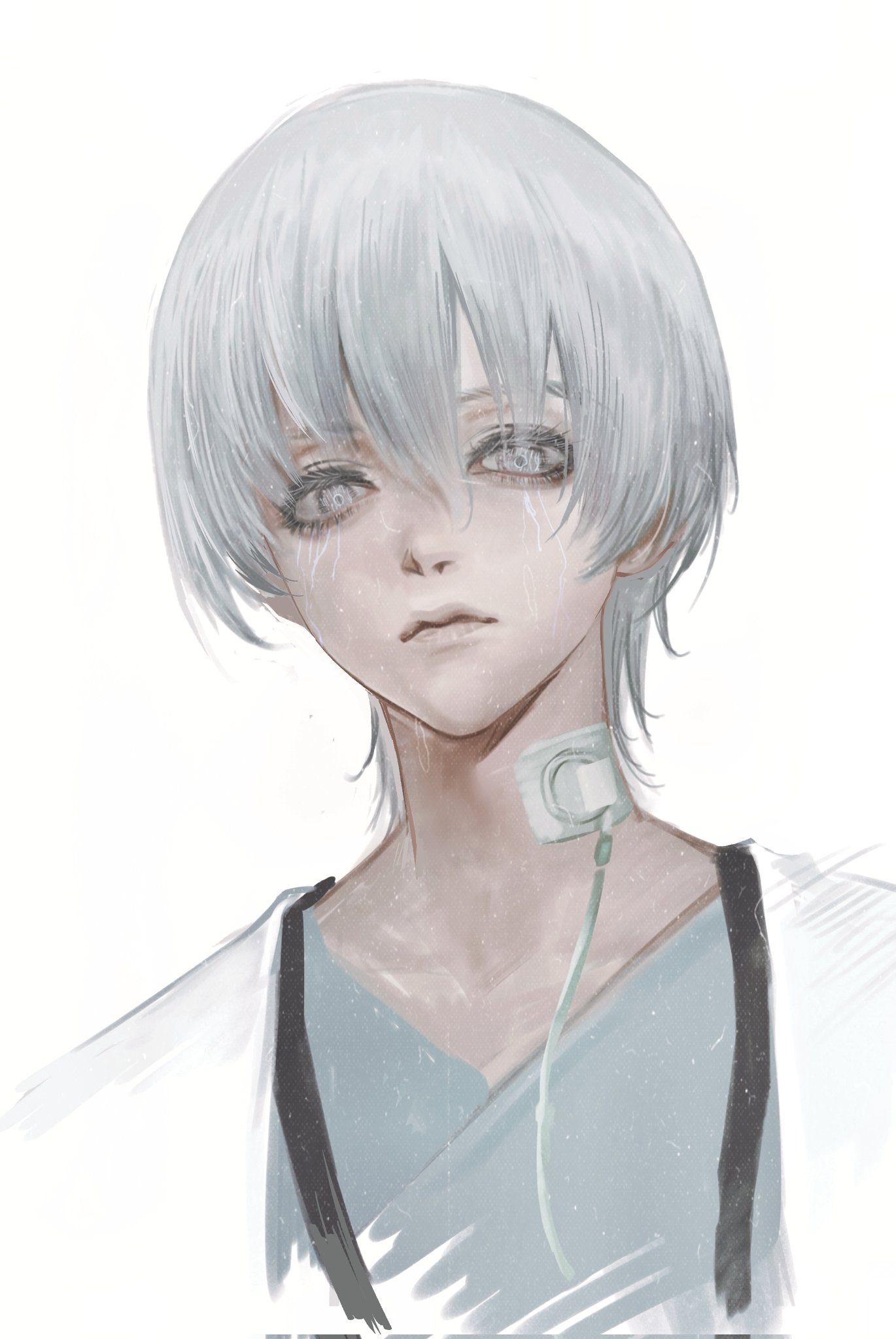 poisonfire666, final fantasy, final fantasy xiv, highres, 1boy, bandaid, bandaid on neck, calyx (ff14), expressionless, looking at viewer, male focus, portrait, short hair, simple background, solo, white background, white eyes, white hair