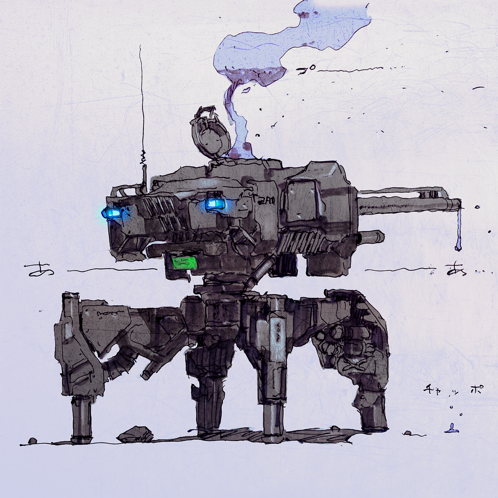 jnt, original, bad id, bad pixiv id, ballpoint pen (medium), highres, marker (medium), pen (medium), traditional media, cannon, dripping, glowing, mecha, no humans, robot, sketch, smoke