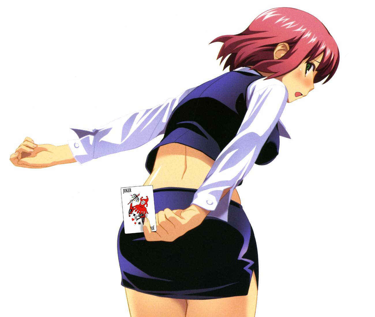 rio rollins, super blackjack, 1girl, blush, card, croupier, female focus, green eyes, holding, holding card, open mouth, red hair, short hair, solo