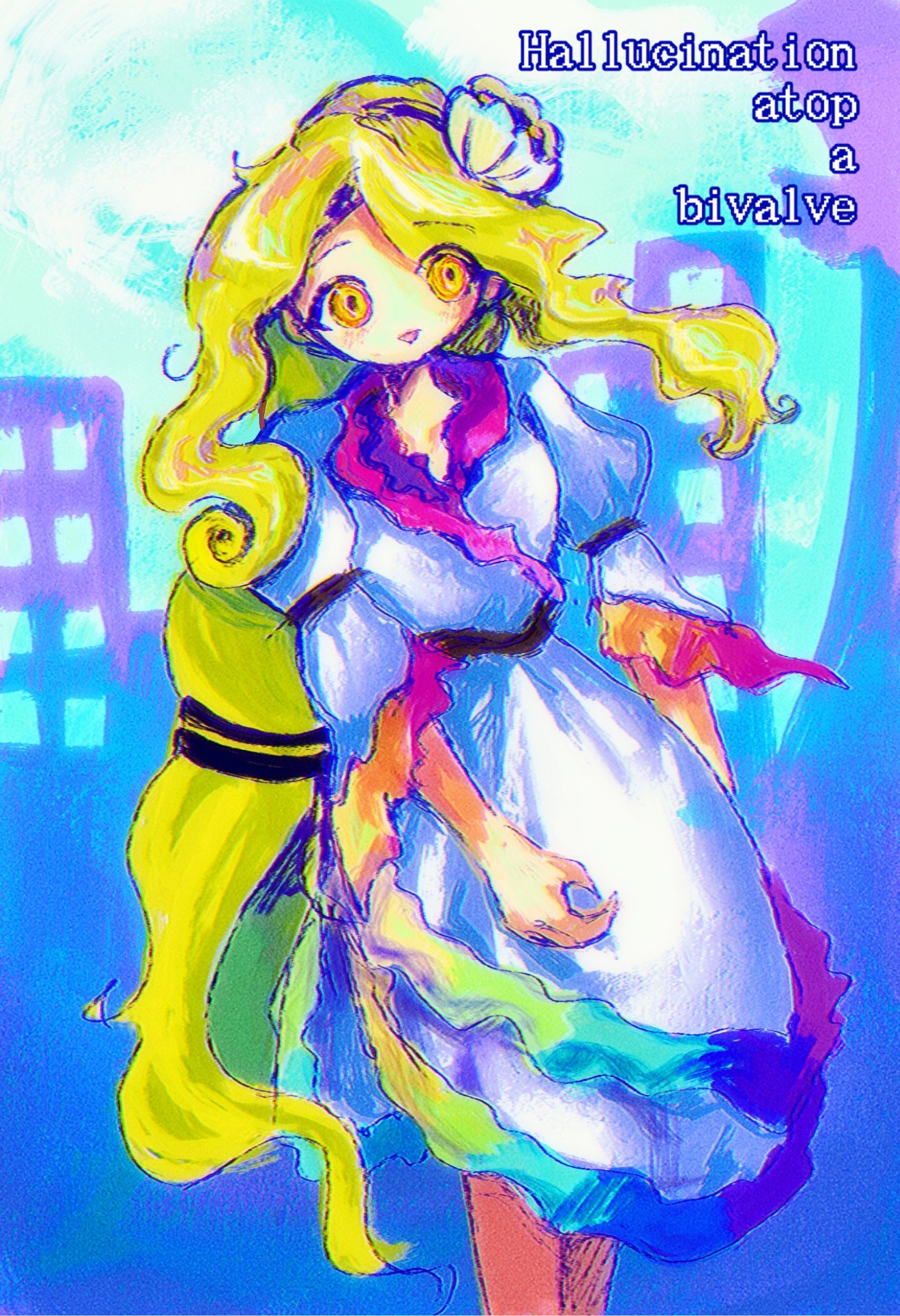 kaninet, watari nina, fossilized wonders, touhou, highres, 1girl, blonde hair, clam shell ornament, dress, english text, feet out of frame, headband, long hair, low-tied long hair, rainbow trim, saturated, skyline, triangle mouth, very long hair, wavy hair, white dress, yellow eyes