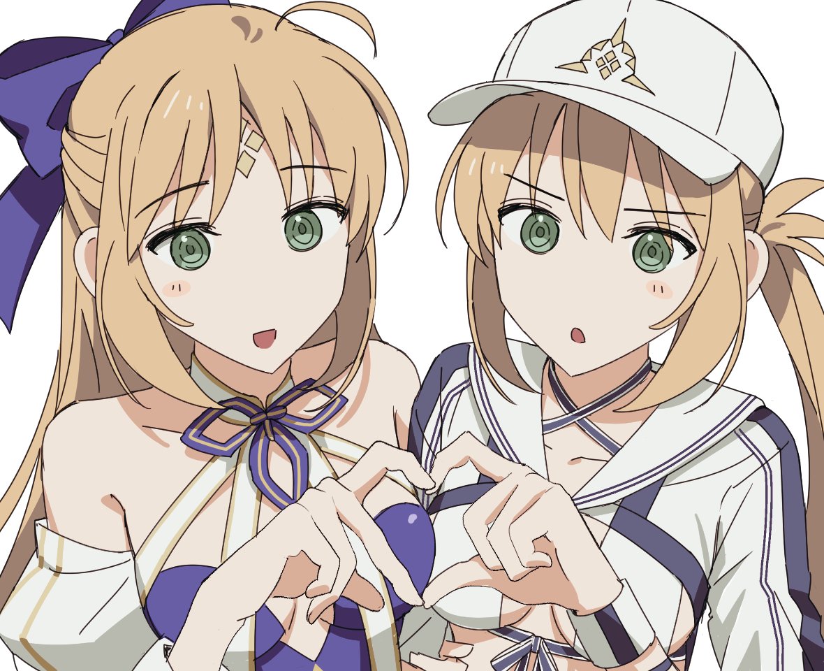 bobi, artoria caster (fate), artoria caster (swimsuit berserker) (second ascension) (fate), artoria caster (swimsuit berserker) (third ascension) (fate), artoria pendragon (fate), fate/grand order, fate (series), 2girls, argyle clothes, blonde hair, blue dress, bow legwear, dress, multiple girls, puffy short sleeves, puffy sleeves, short sleeves, striped clothes, vertical-striped clothes