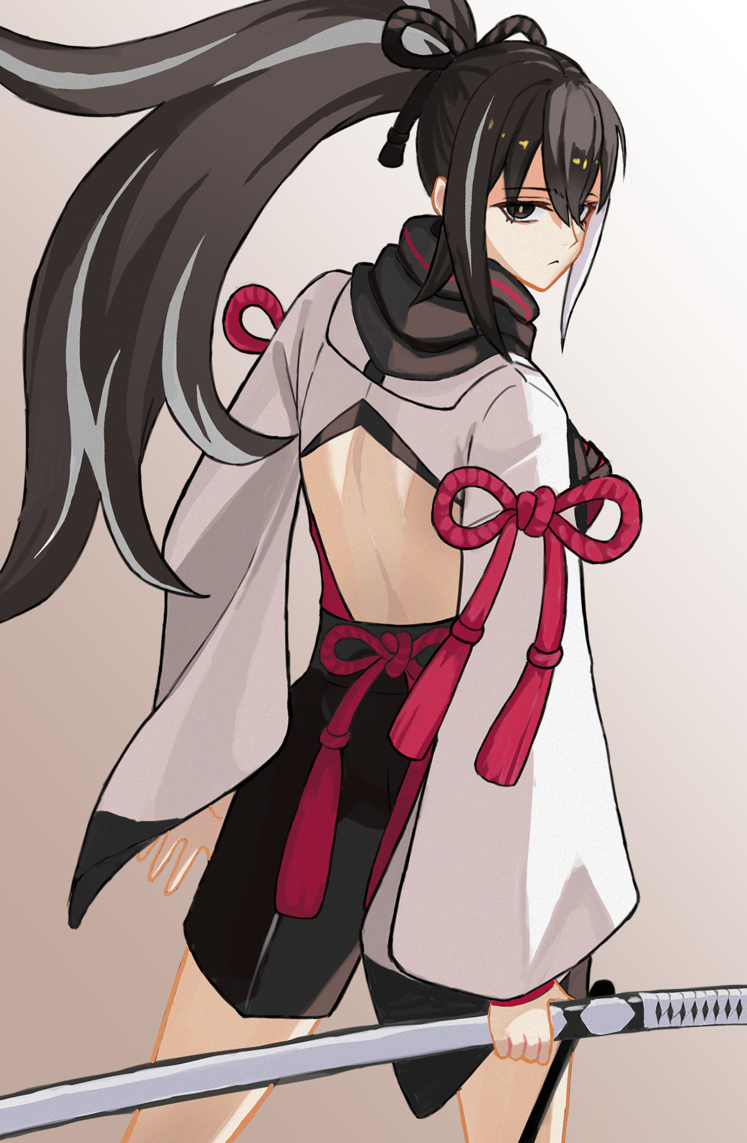 kawakami gensai (fate), kawakami gensai (first ascension) (fate), fate/grand order, fate (series), absurdres, highres, backless outfit, black eyes, black hair, black scarf, holding, holding sword, holding weapon, japanese clothes, koto (tdms5244), long hair, long sleeves, looking back, ponytail, scabbard, scarf, sheath, sword, weapon, white hair