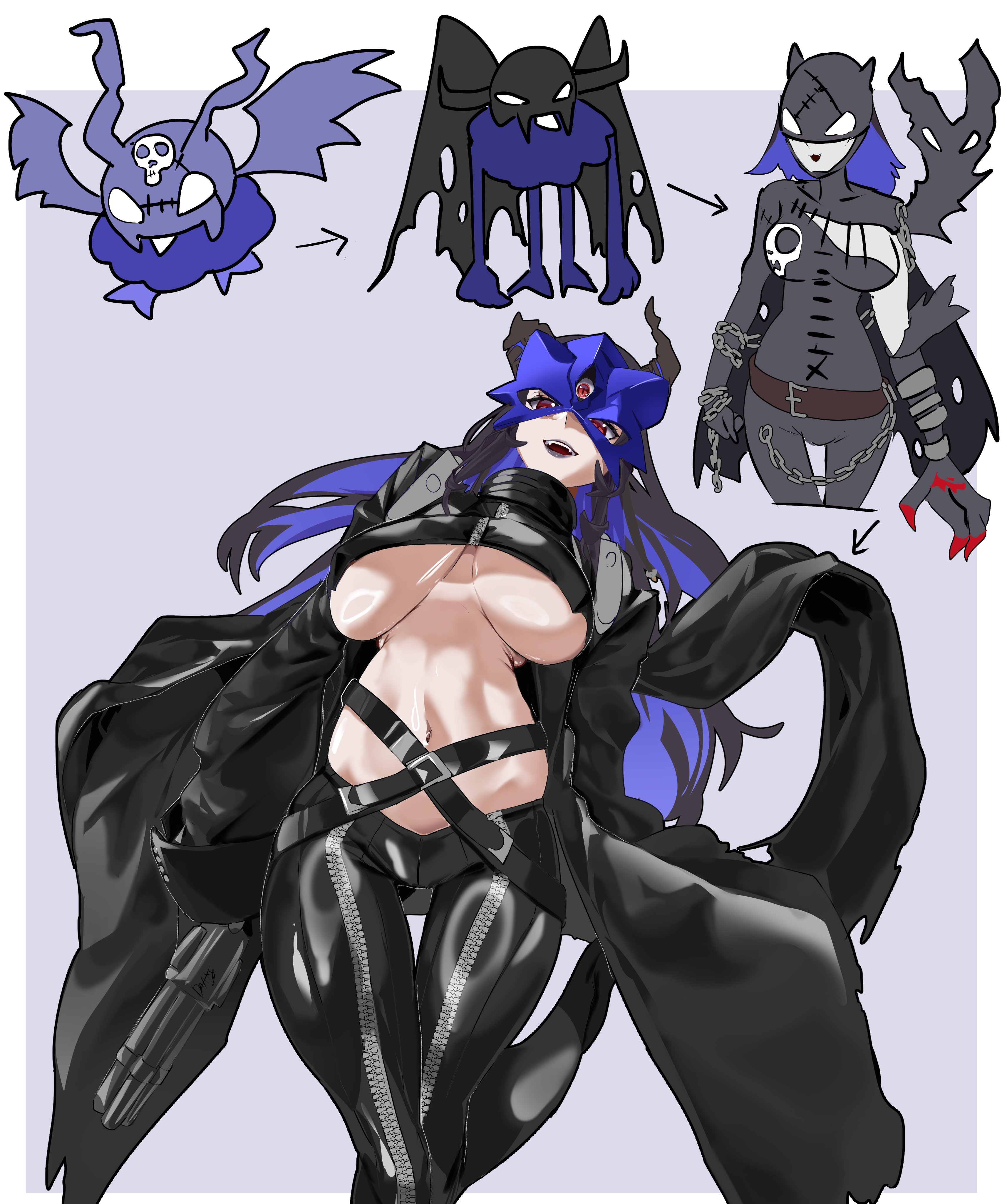 daaku (koizumi arata), beelstarmon, devimon, ladydevimon, digimon, digimon adventure, digimon story: time stranger, absurdres, highres, black coat, black pants, breasts, coat, colored skin, covered eyes, digimon (creature), eye mask, gloves, grey skin, gun, helmet, helmet over eyes, large breasts, leather suit, long hair, mask, multiple-barrel gun, navel, pants, simple background, third eye, underboob, weapon, wings