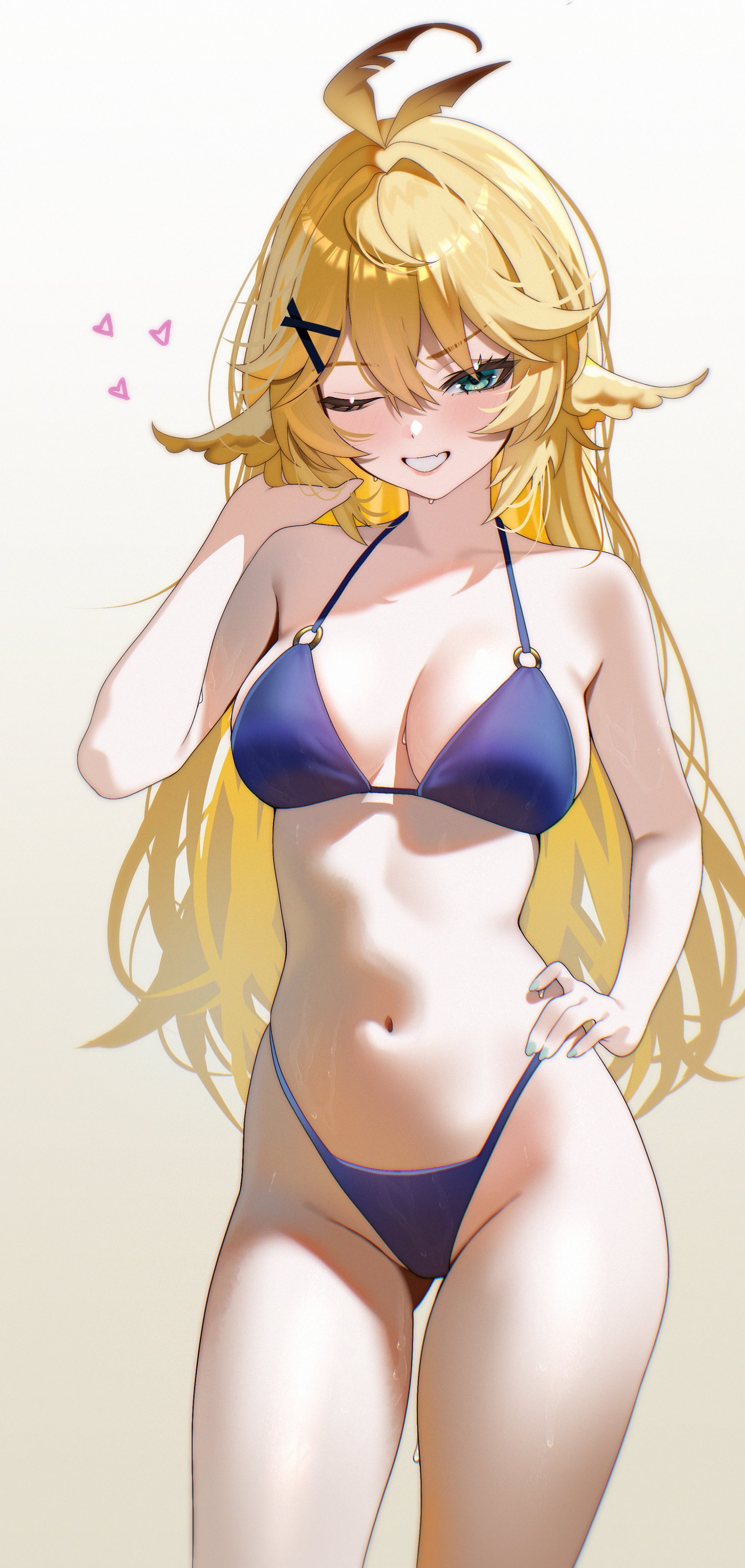 raituna, dokibird, indie virtual youtuber, absurdres, commentary, english commentary, highres, 1girl, ahoge, alternate costume, aqua nails, bikini, blonde hair, blue bikini, blush, breasts, cleavage, cowboy shot, fang, feather hair, fingernails, gluteal fold, green eyes, groin, hair between eyes, hair flaps, hair ornament, halterneck, hand in own hair, highleg, highleg bikini, large breasts, long hair, looking at viewer, nail polish, navel, o-ring, o-ring bikini, o-ring top, one eye closed, skin fang, smile, solo, standing, stomach, string bikini, swimsuit, teeth, virtual youtuber, wet, wings, x hair ornament