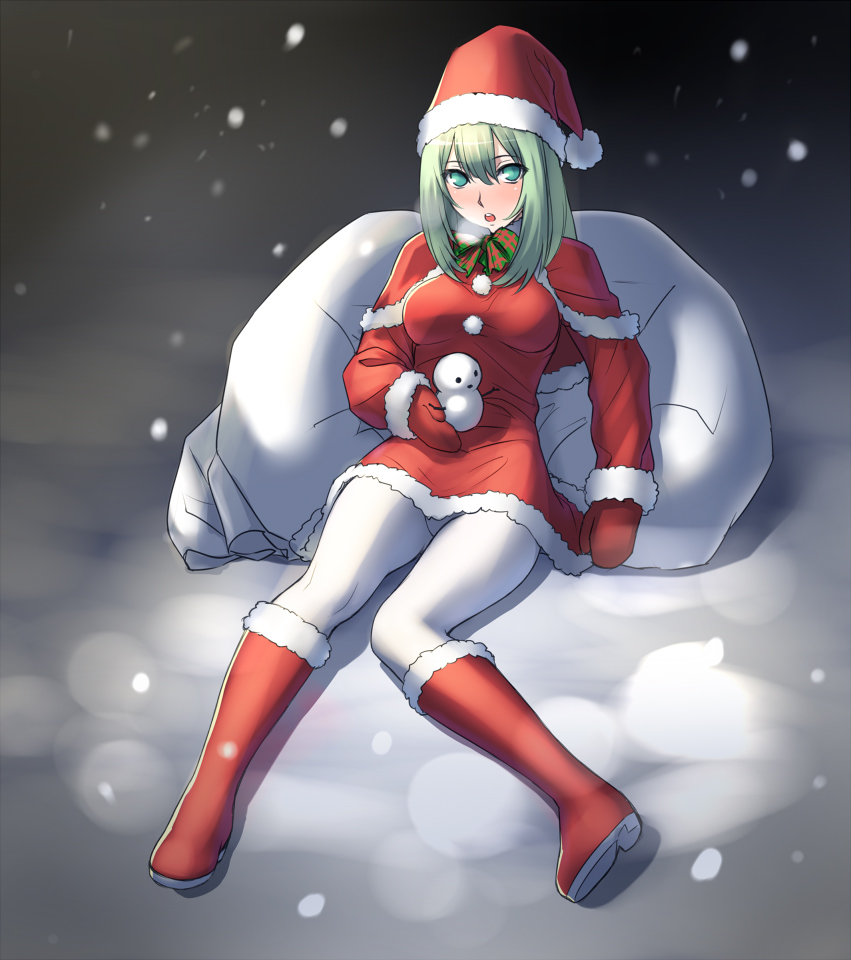 nibai, 1girl, bag, boots, christmas, female focus, green eyes, green hair, hat, knee boots, matching hair/eyes, mittens, pantyhose, red mittens, sack, santa costume, santa hat, snow, snowman, solo, white pantyhose