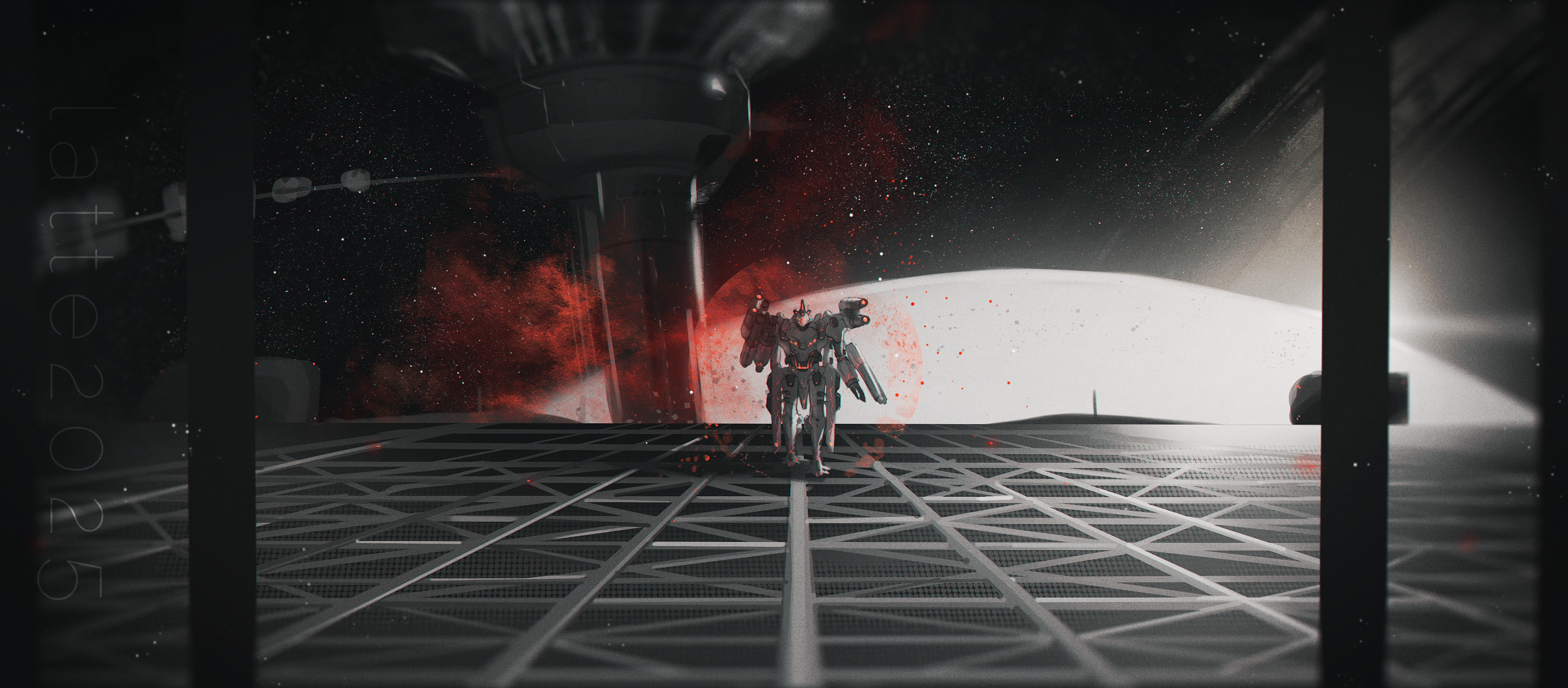 ayre (armored core vi), sol 644, armored core, armored core vi: fires of rubicon, absurdres, highres, armor, cos-latte, in orbit, joints, machinery, mecha, mecha focus, mechanical arms, mechanical legs, robot, science fiction, sky, space, space station, star (sky), starry sky, weapon, zero gravity