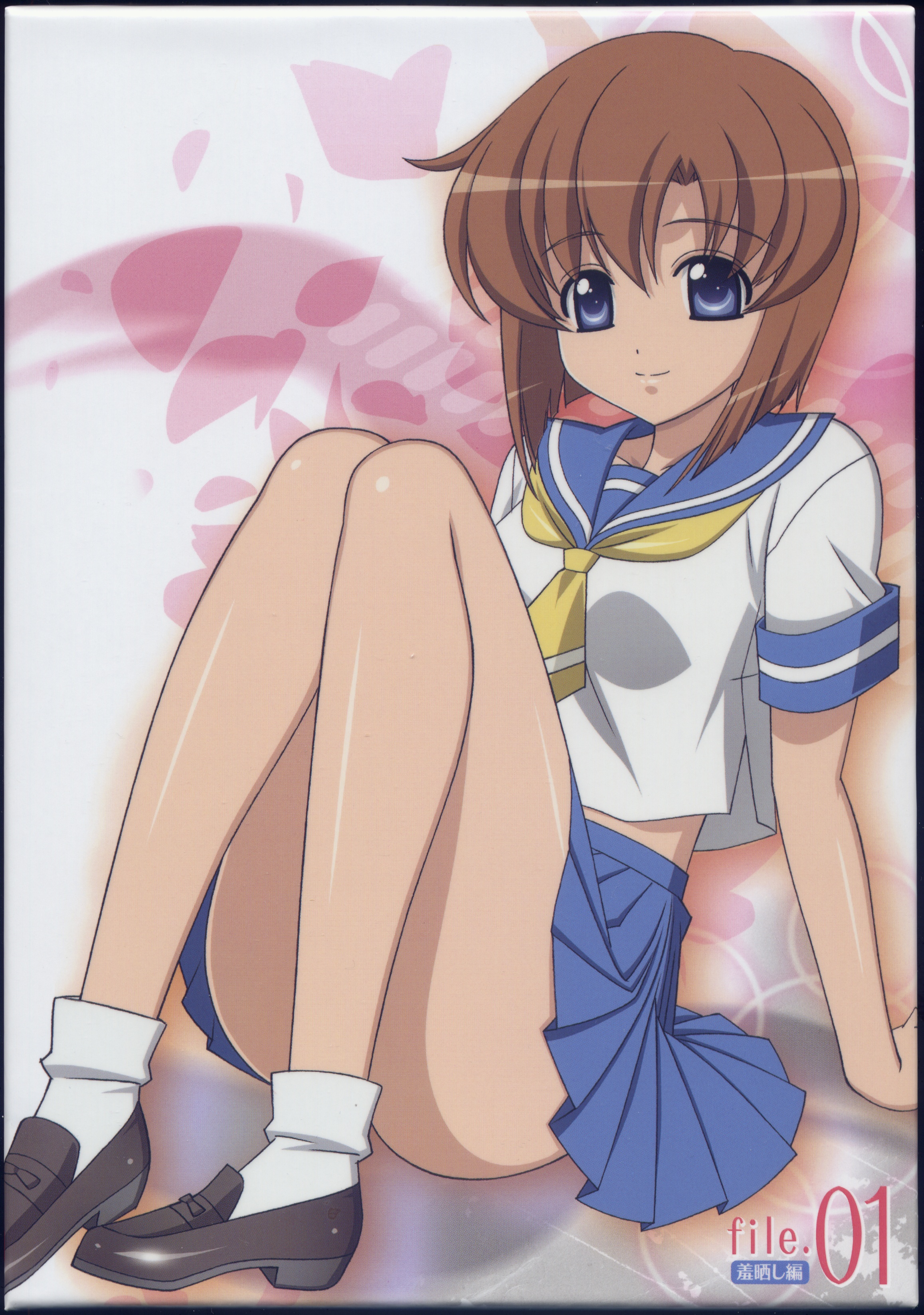 kuroda kazuya, ryuuguu rena, higurashi no naku koro ni, absurdres, highres, 00s, blue eyes, bobby socks, brown hair, legs, school uniform, serafuku, short hair, sitting, socks, solo