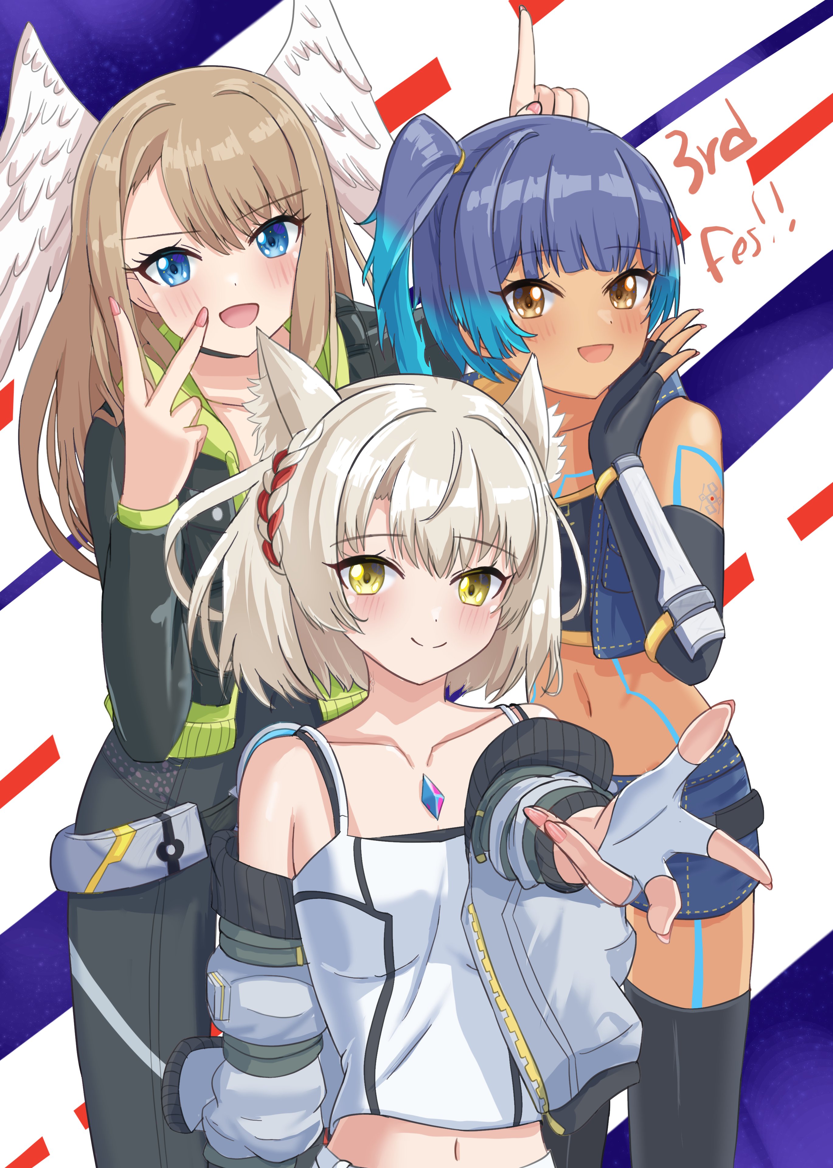 tokuh (toku h ), eunie (xenoblade), mio (xenoblade), sena (xenoblade), xenoblade chronicles (series), xenoblade chronicles 3, absurdres, commentary, english commentary, highres, 3girls, :d, animal ear fluff, animal ears, anniversary, black bodysuit, black thighhighs, blue eyes, blue hair, blue shorts, blush, body markings, bodysuit, brown eyes, brown hair, cat ears, cat girl, closed mouth, collarbone, fingerless gloves, gloves, glowing lines, glowing markings, grey hair, head wings, jacket, long hair, looking at viewer, medium hair, multiple girls, navel, open clothes, open jacket, open mouth, reaching, reaching towards viewer, shorts, side ponytail, smile, standing, thighhighs, white gloves, white jacket, wings, yellow eyes