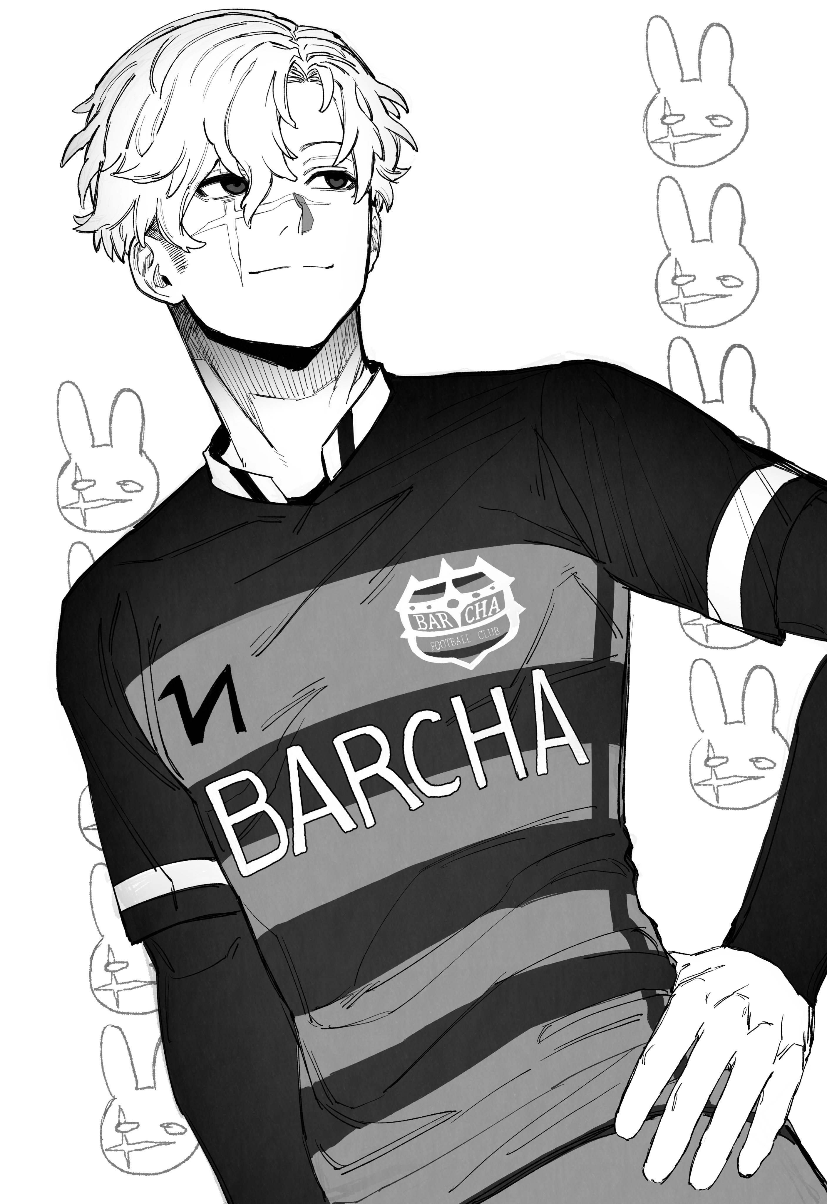 bunny iglesias, blue lock, absurdres, highres, 1boy, compression sleeve, fc barcha soccer uniform, from below, greyscale, hand on own hip, male focus, monochrome, rrck, scar, scar across eye, scar on face, scar on nose, short hair, simple background, soccer uniform, solo, sportswear, white background