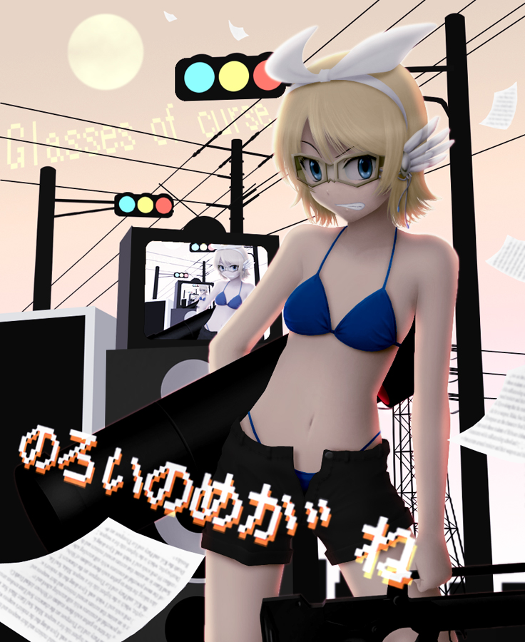 siraha, kagamine rin, noroi no megane (vocaloid), vocaloid, bad id, bad pixiv id, bikini, bikini top only, blonde hair, blue bikini, blue eyes, flying paper, glasses, grin, head wings, m1 bazooka, moon, open fly, paper, rocket launcher, short hair, shorts, smile, solo, swimsuit, television, traffic light, unzipped, weapon, wings