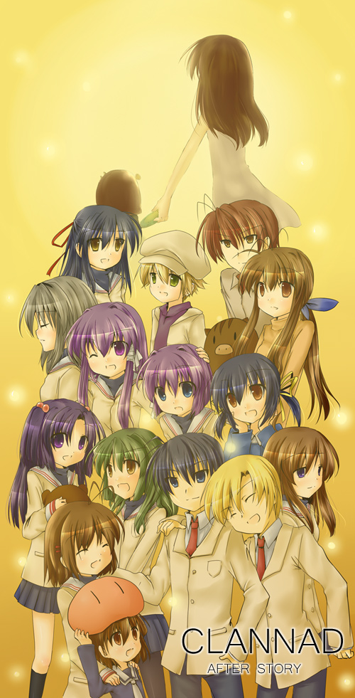sakura emi, botan (clannad), fujibayashi kyou, fujibayashi ryou, furukawa akio, furukawa nagisa, furukawa sanae, garbage doll, girl from the illusionary world, ibuki fuuko, ichinose kotomi, miyazawa yukine, okazaki tomoya, okazaki ushio, sagara misae, sakagami tomoyo, shima katsuki, sunohara mei, sunohara youhei, clannad, dango daikazoku, 00s, 4boys, 6+girls, everyone, multiple boys, multiple girls, school uniform, siblings, sisters, sparkle, twins