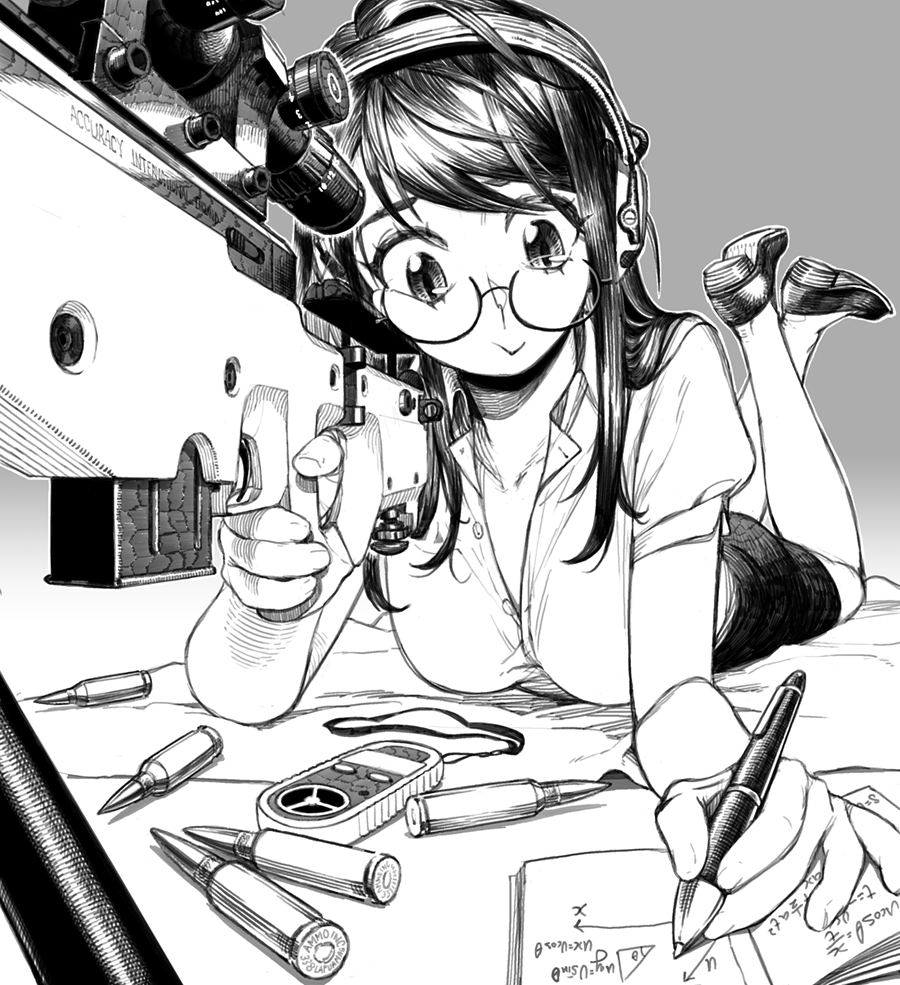 electric niw, accuracy international, original, commentary, english commentary, weapon request, 1girl, ai arctic warfare, anemometer, bolt action, bullet, cheek press, collared shirt, crossed ankles, ear protection, equation, feet up, geometry, glasses, greyscale, gun, holding, holding pen, long hair, lying, math, monochrome, notepad, on stomach, pen, rifle, scope, shirt, shoes, simple background, sniper rifle, solo, tools, trigonometry, weapon, writing