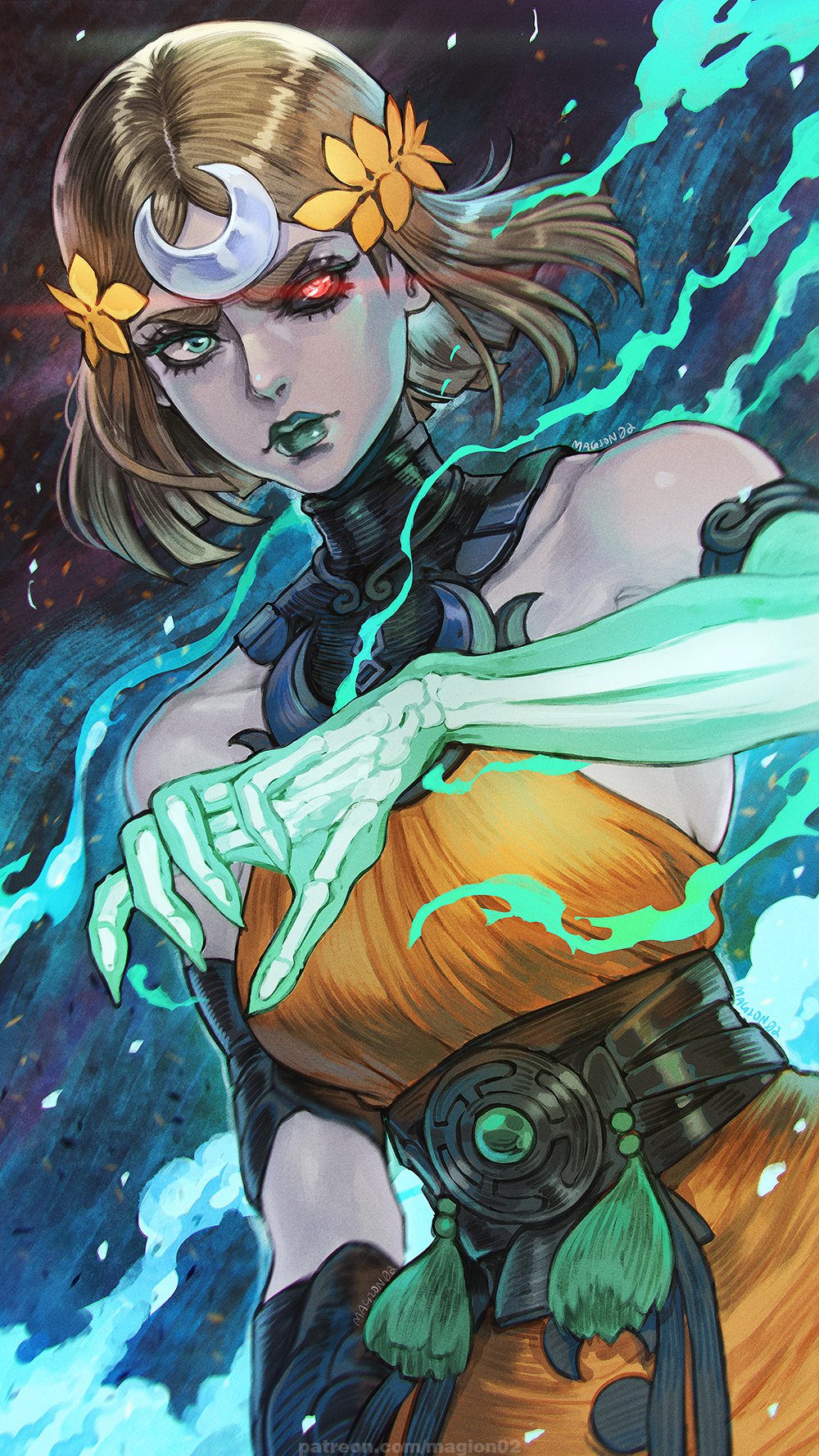 magion02, melinoe (hades), hades (series), hades 2, highres, 1girl, ancient greek clothes, asymmetrical arms, black sclera, blonde hair, bone, colored sclera, dress, glowing arm, greco-roman clothes, green eyes, green lips, heterochromia, laurel crown, mismatched sclera, orange dress, red eyes, see-through body, short hair, skeletal arm, solo