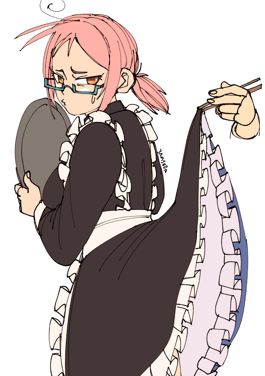 3amsoda, shrimp girl (3amsoda), original, commentary, english commentary, highres, 1girl, ahoge, apron, aqua-framed eyewear, artist name, black dress, chopsticks, clothes lift, disembodied hand, dress, dress lift, frilled apron, frilled dress, frills, glasses, holding, holding chopsticks, holding tray, holding with chopsticks, lifting another's clothes, maid, maid apron, maid day, o3o, orange eyes, parted bangs, pink hair, ponytail, raised inner eyebrows, semi-rimless eyewear, sidelocks, simple background, tray, white apron, white background