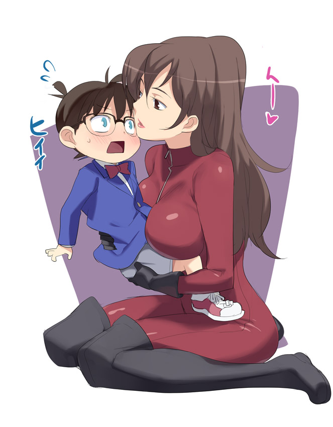 nora higuma, edogawa conan, mine fujiko, lupin iii, lupin sansei vs meitantei conan, meitantei conan, 1boy, 1girl, age difference, blush, bodysuit, boots, breasts, brown hair, crossover, hetero, huge breasts, large breasts, long hair, onee-shota, open mouth, scared, short hair, shota, size difference, thigh boots, thighhighs, you gonna get raped