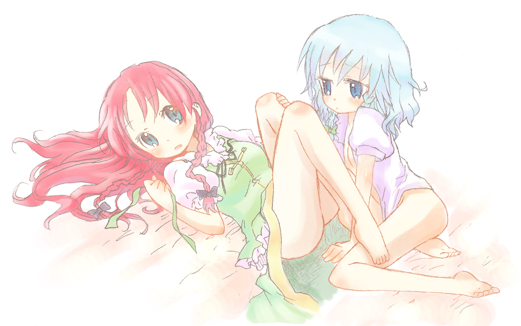 rias-shiki kawaii, hong meiling, izayoi sakuya, embodiment of scarlet devil, touhou, bad id, bad pixiv id, 2girls, bare legs, barefoot, blue eyes, blue hair, blush, bottomless, braid, feet, female focus, hair ribbon, legs, long hair, lying, multiple girls, naked shirt, no bra, no panties, on back, open clothes, open shirt, red hair, ribbon, shirt, short hair, twin braids, white shirt, yuri