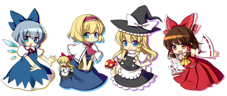 masaru.jp, alice margatroid, cirno, hakurei reimu, kirisame marisa, shanghai doll, touhou, bad id, bad pixiv id, 4girls, blonde hair, blue eyes, blue hair, book, bow, braid, brown eyes, brown hair, chibi, detached sleeves, dress, female focus, hair bow, hair ribbon, hairband, hat, japanese clothes, miko, multiple girls, mushroom, ribbon, skirt, white background, wings, witch, witch hat