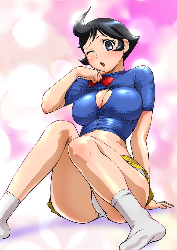 ueyama michirou, merumo, fushigi na merumo, shogakukan, tezuka productions, 1970s (style), 1girl, aged up, ahoge, black hair, breasts, cleavage cutout, clothing cutout, female focus, large breasts, midriff, panties, retro artstyle, solo, underwear, upskirt