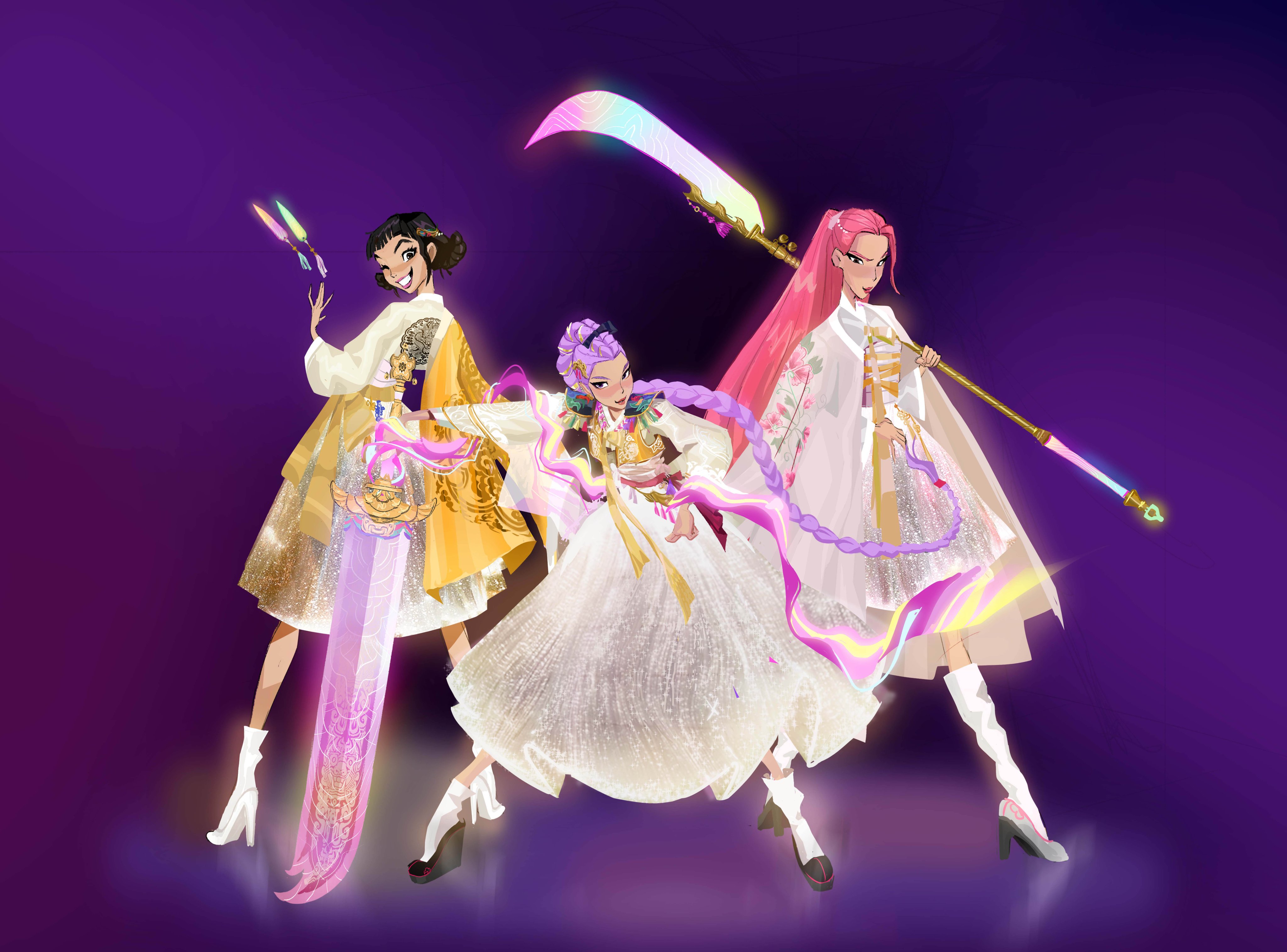 mira (kpop demon hunters), rumi (kpop demon hunters), zoey (kpop demon hunters), kpop demon hunters, absurdres, commentary, english commentary, highres, 3girls, black hair, boots, braid, braided ponytail, full body, hanbok, high heel boots, high heels, holding, holding polearm, holding sword, holding weapon, joune5064, korean clothes, long hair, multiple girls, pink hair, polearm, purple hair, sash, skirt, smile, sword, weapon, white boots