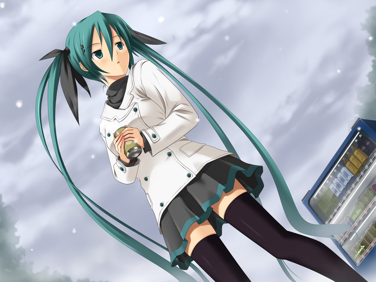 koikeya, hatsune miku, vocaloid, bad id, bad pixiv id, highres, 1girl, aqua eyes, aqua hair, black thighhighs, can, casual, coat, dutch angle, female focus, hair ribbon, holding, long hair, outdoors, parted lips, ribbon, skirt, snow, solo, standing, thighhighs, twintails, vending machine, very long hair, zettai ryouiki