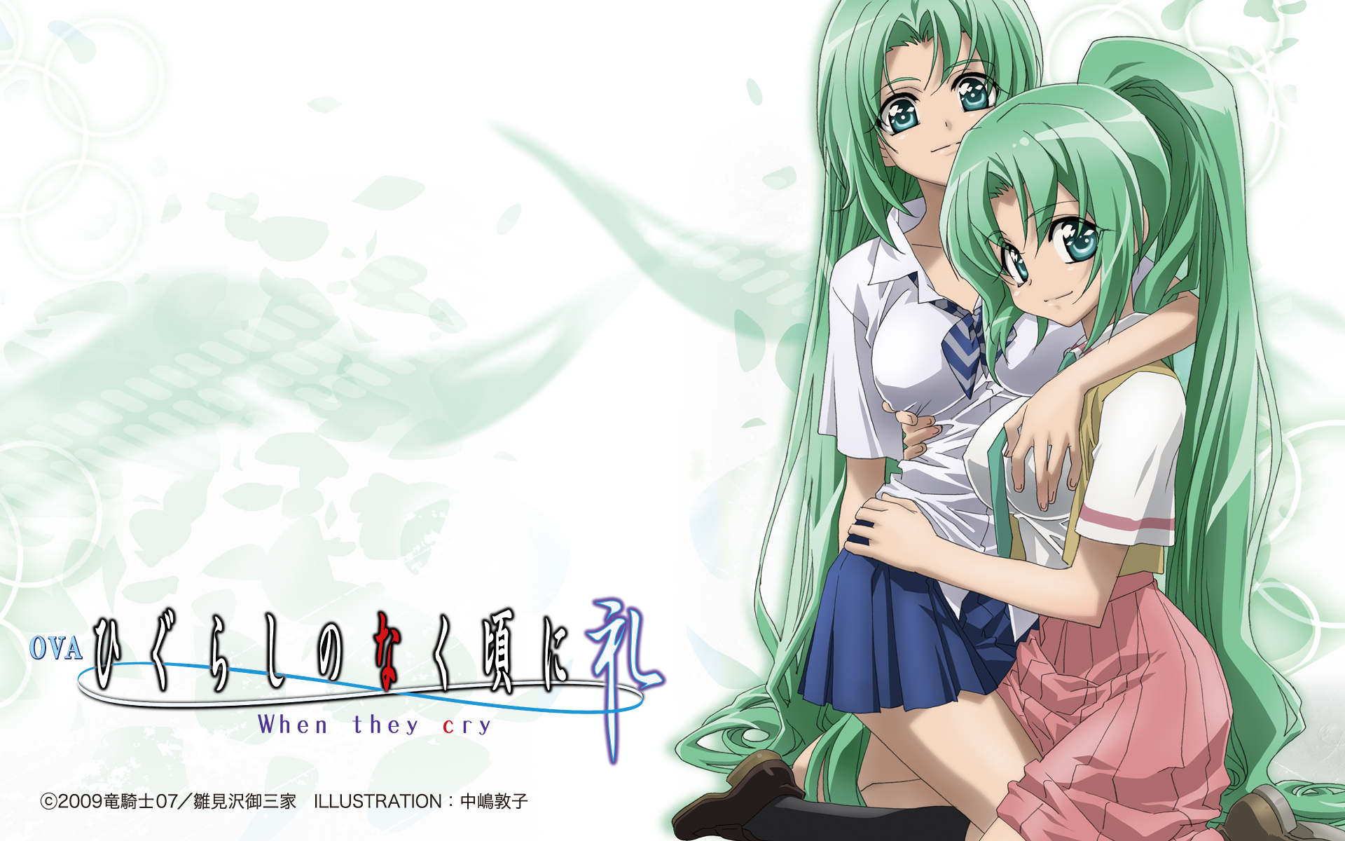 nakajima atsuko, sonozaki mion, sonozaki shion, higurashi no naku koro ni, highres, 00s, 2girls, aqua eyes, green eyes, green hair, groping, hug, kneeling, long hair, multiple girls, ponytail, school uniform, shoes, siblings, sisters, smile, twins, very long hair
