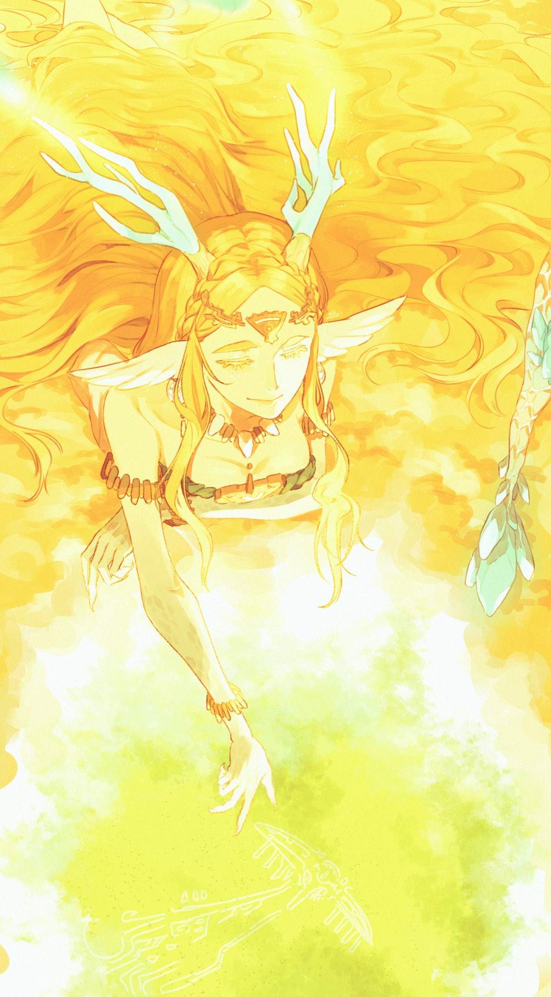 pu hegg, princess zelda, nintendo, the legend of zelda, the legend of zelda: tears of the kingdom, hashtag-only commentary, highres, 1girl, absurdly long hair, animal ears, blonde hair, circlet, closed eyes, closed mouth, eyelashes, horns, jewelry, long hair, lying, necklace, on stomach, smile, solo, very long hair
