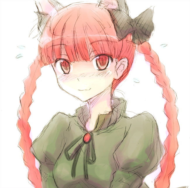 dawy, kaenbyou rin, touhou, 1girl, animal ears, braid, cat ears, cat girl, female focus, hair ribbon, red eyes, red hair, ribbon, simple background, solo, twin braids, twintails, upper body, white background