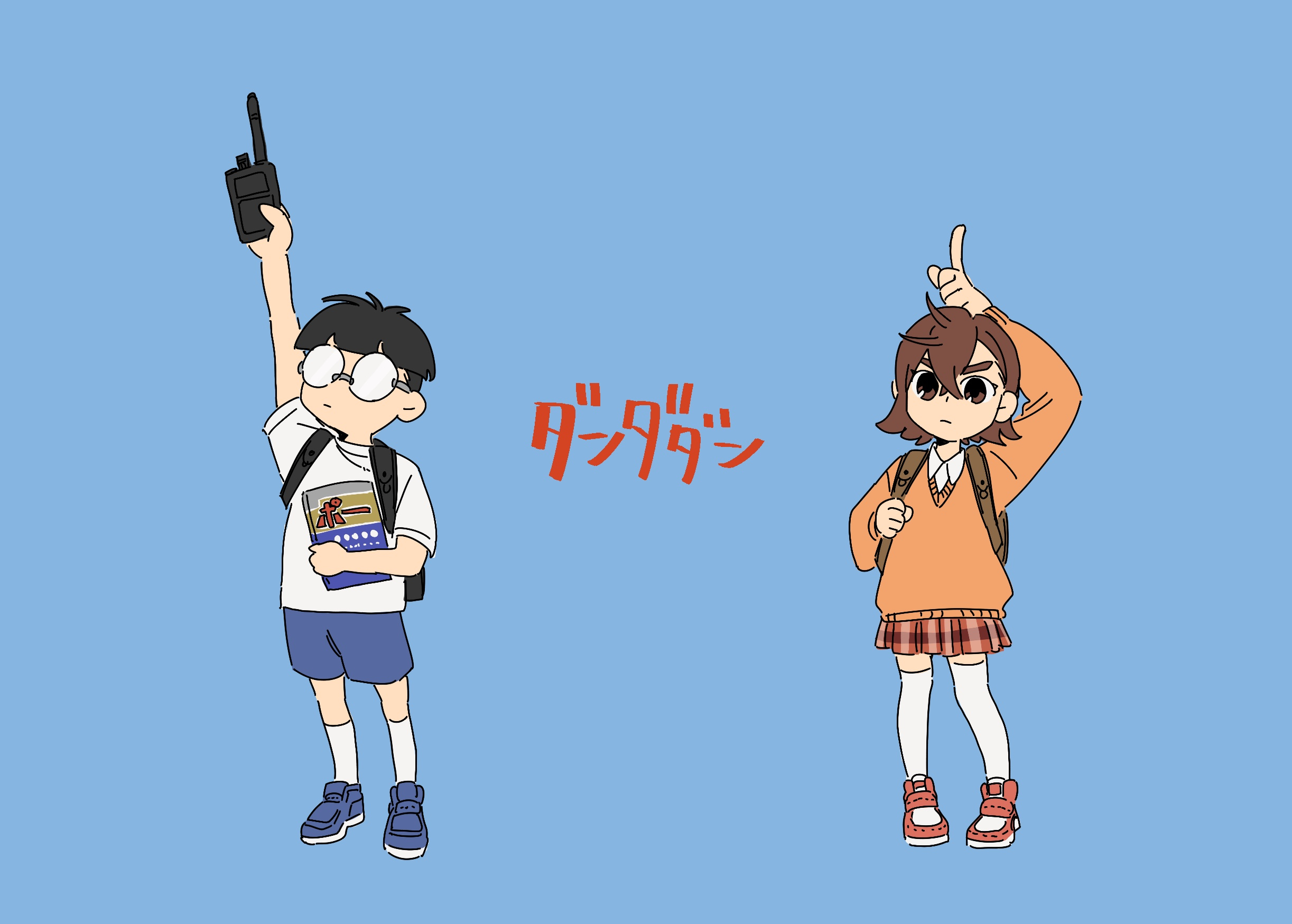 ayase momo, takakura ken (dandadan), dandadan, commentary request, highres, 1boy, 1girl, aged down, arm up, backpack, bag, black hair, blue background, blue shoes, book, brown eyes, brown hair, checkered clothes, checkered skirt, closed mouth, copyright name, crossed bangs, full body, glasses, hair between eyes, holding, holding book, index finger raised, kneehighs, long sleeves, miniskirt, nasubi (user agpx4547), orange sweater, red shoes, round eyewear, shirt, shoes, short hair, short sleeves, simple background, skirt, socks, standing, sweater, thighhighs, white shirt, white socks, white thighhighs