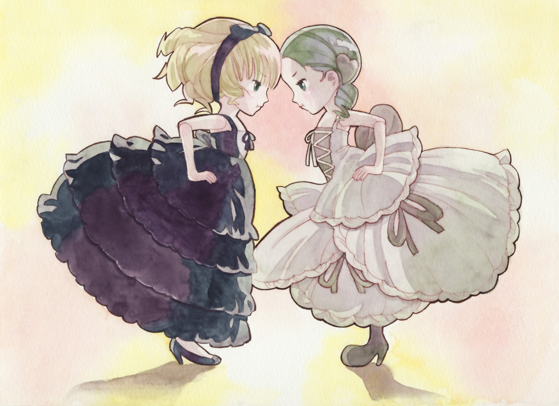 missacula, hinaichigo, kanaria, rozen maiden, traditional media, 00s, 2girls, blonde hair, blue eyes, boots, dress, drill hair, green eyes, green hair, hair ornament, hairband, heart, multiple girls, short hair