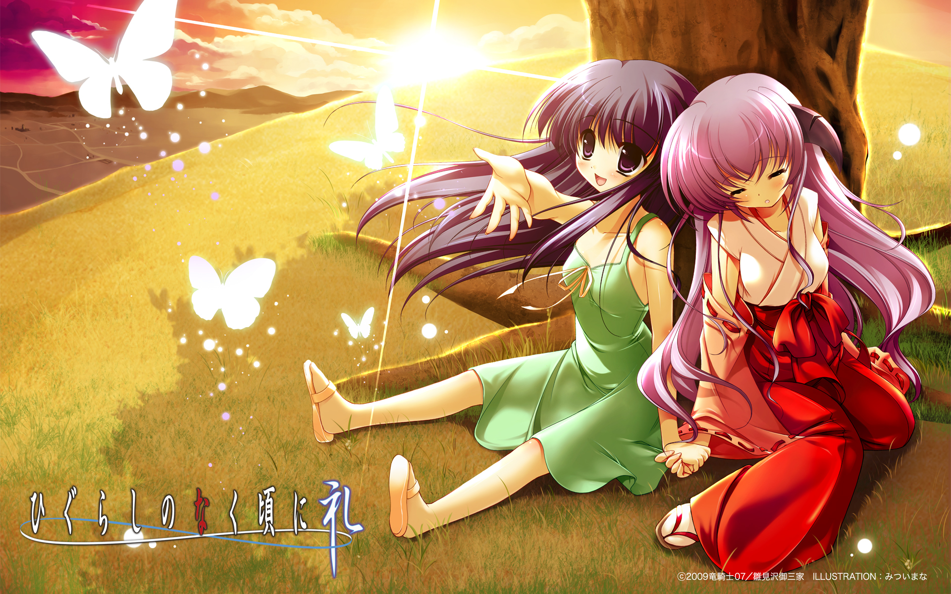 mitsui mana, furude rika, hanyuu, higurashi no naku koro ni, highres, 00s, 2girls, black eyes, black hair, blue hair, breasts, bug, butterfly, closed eyes, detached sleeves, dress, green skirt, hakama, hakama skirt, holding hands, horns, insect, japanese clothes, long hair, miko, multiple girls, purple hair, red hakama, sandals, skirt, sleeping, sunset, tree
