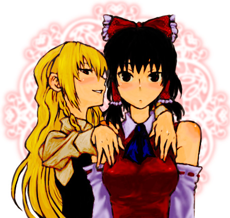 kachipiko, hakurei reimu, kirisame marisa, maria holic, touhou, bad id, bad pixiv id, lowres, 2girls, black eyes, black hair, blonde hair, bow, braid, brown eyes, detached sleeves, expressionless, female focus, japanese clothes, long hair, miko, multiple girls, parody