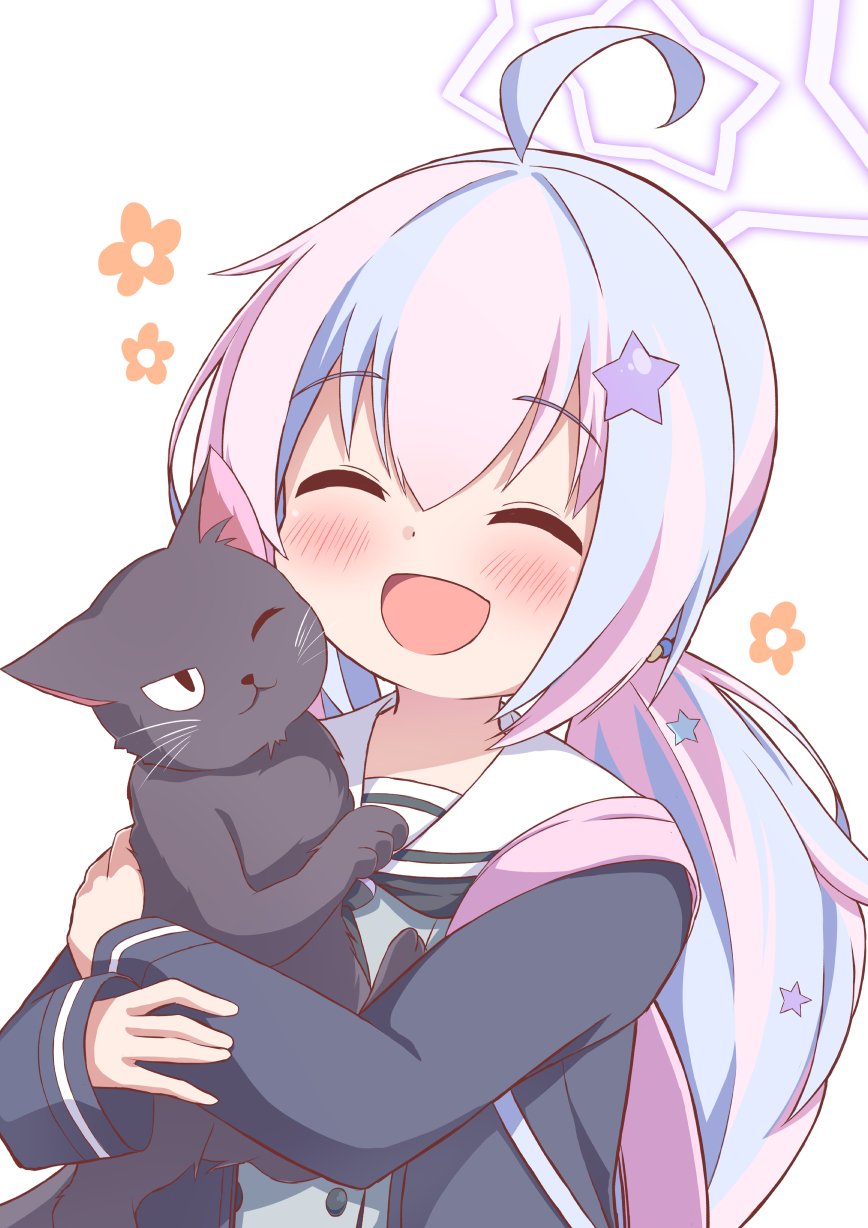 yuki (user tjvn3757), reisa (blue archive), blue archive, commentary, highres, 1girl, :d, ^ ^, ahoge, animal, beads, black cat, black neckerchief, blue hair, blush, cat, closed eyes, flower symbol, grey serafuku, grey shirt, hair beads, hair ornament, halo, happy, holding, holding animal, holding cat, jacket, long hair, multicolored hair, neckerchief, open clothes, open jacket, open mouth, pink bag, pink hair, pink halo, sailor collar, school uniform, serafuku, shirt, simple background, smile, star (symbol), star hair ornament, star halo, twintails, two-tone hair, upper body, white background, white sailor collar